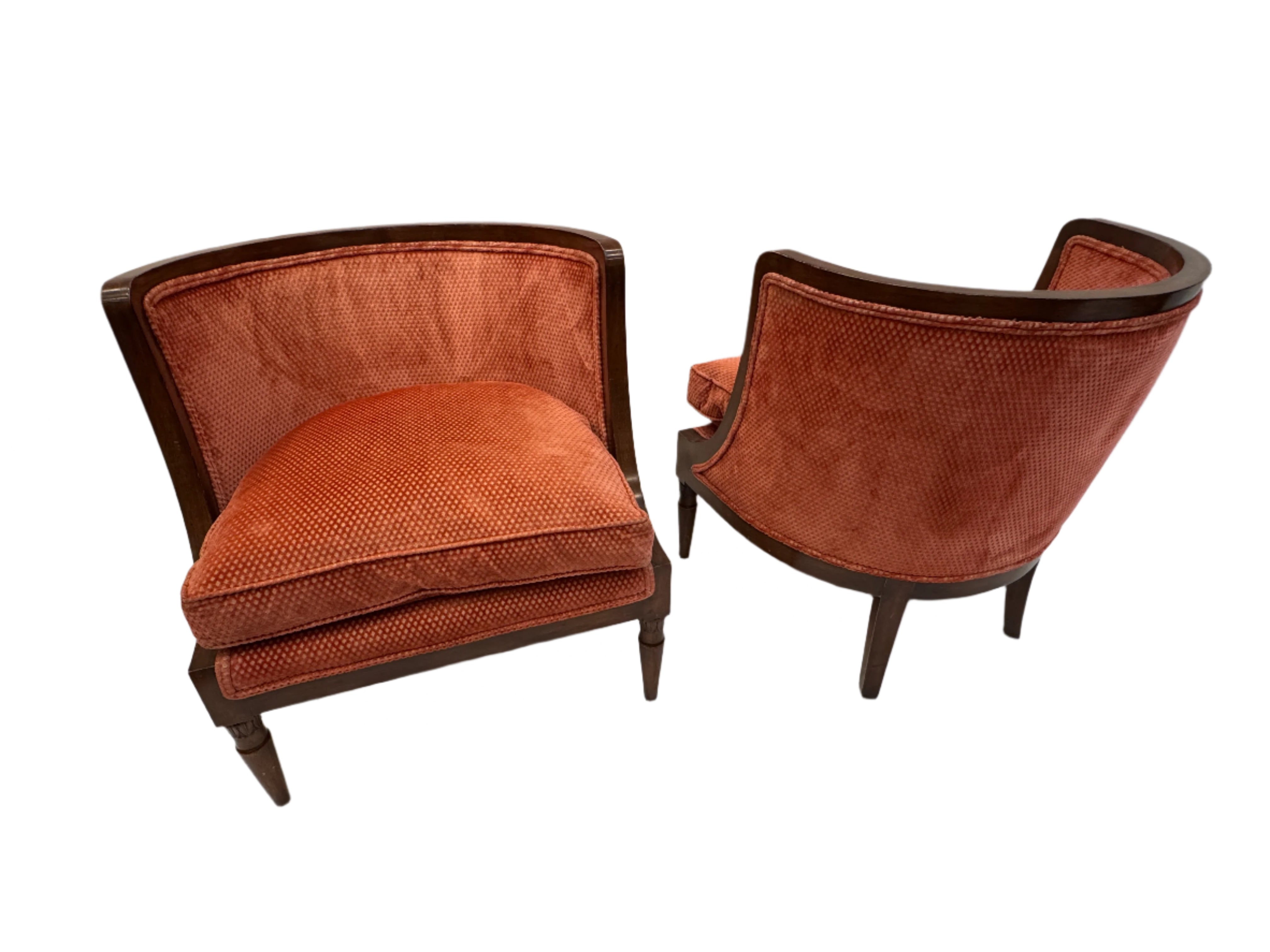 AF2-027: Pair Vintage Barrel Back Tub Chairs With Cut Velvet Upholstery Mid 20th Century Modern