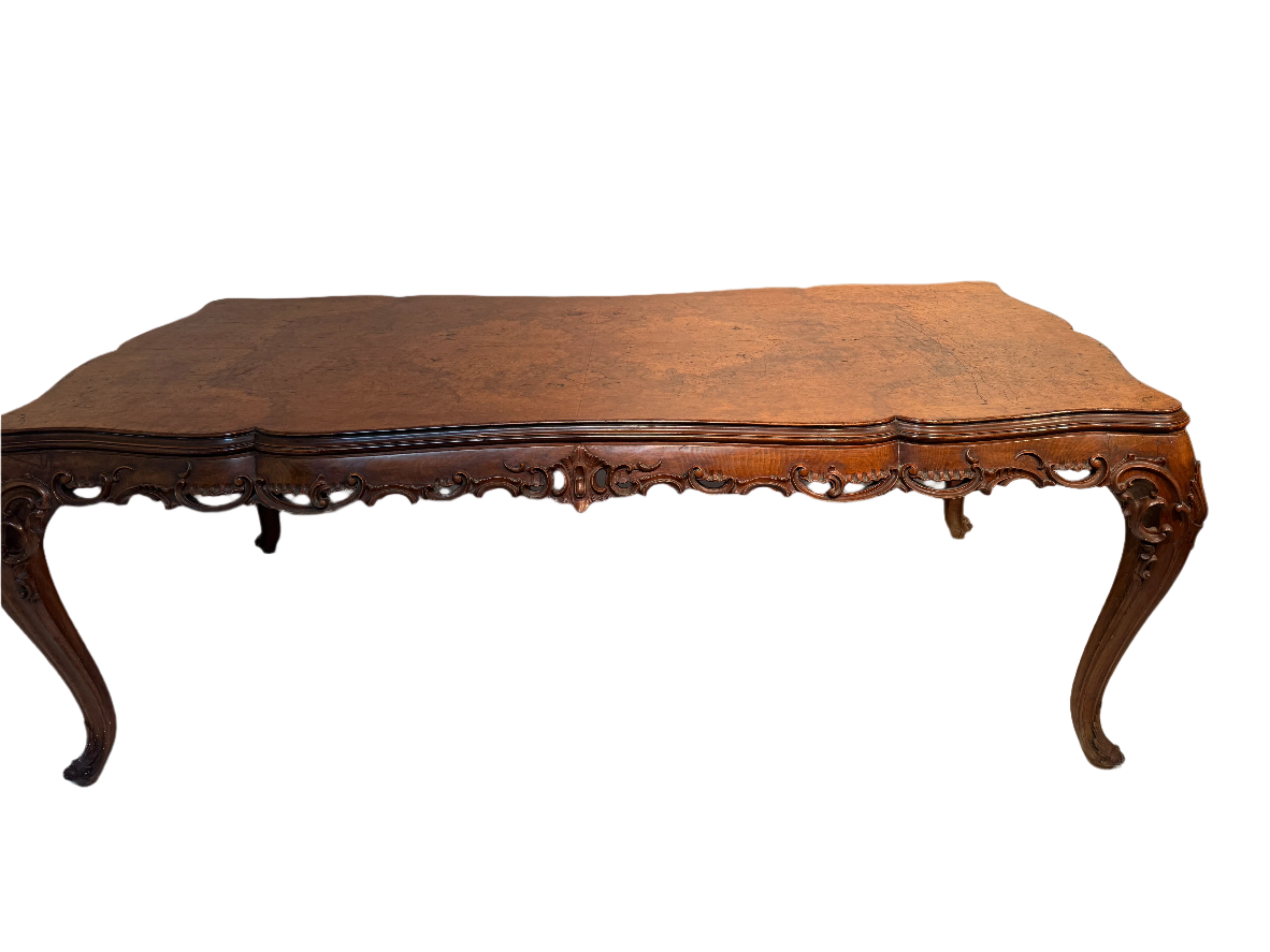 AF1-065: Antique French Louis XV Style Beechwood and Burl Walnut Highly Carved Dining Table Late 19th Century