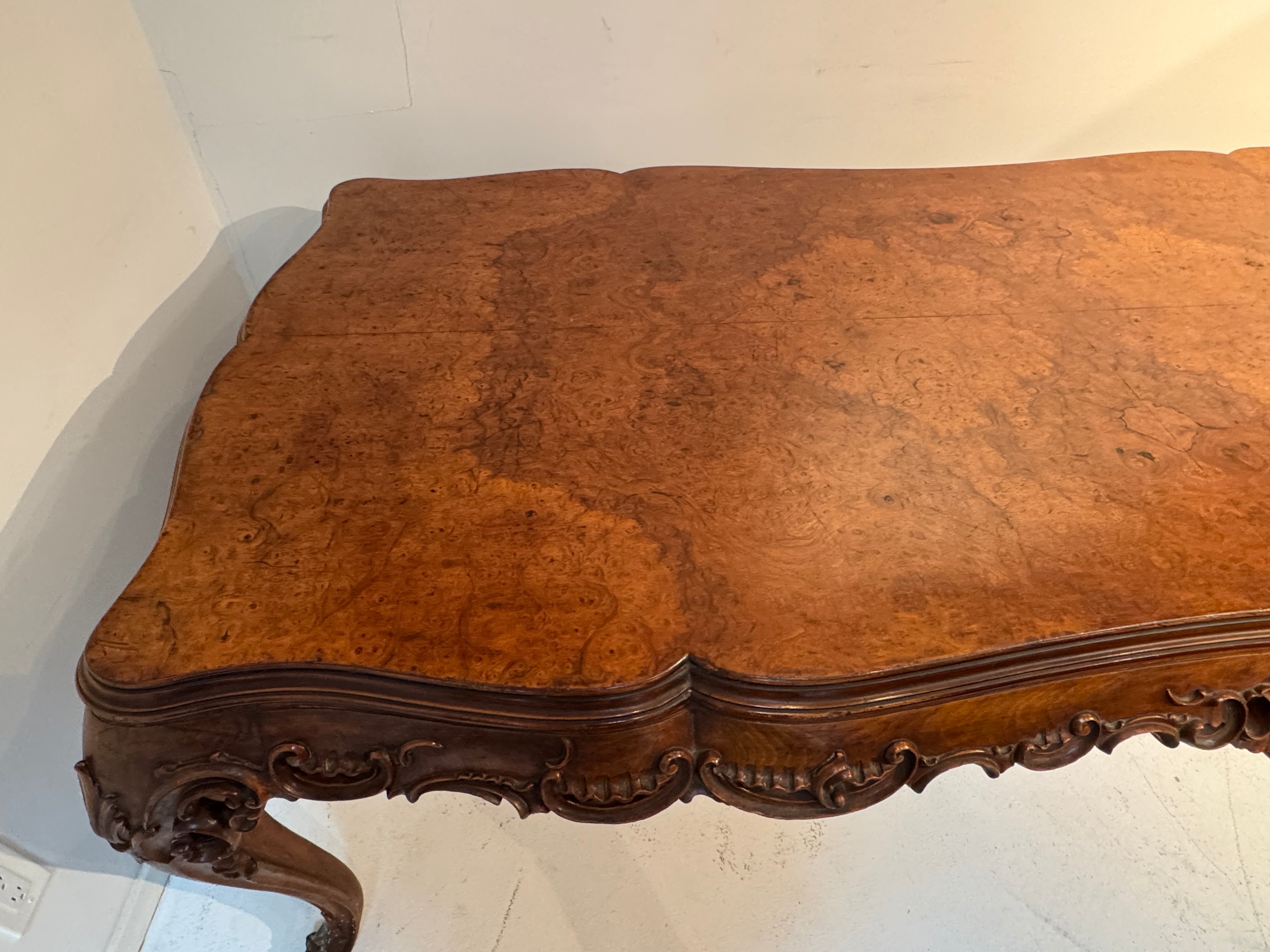 AF1-065: Antique French Louis XV Style Beechwood and Burl Walnut Highly Carved Dining Table Late 19th Century