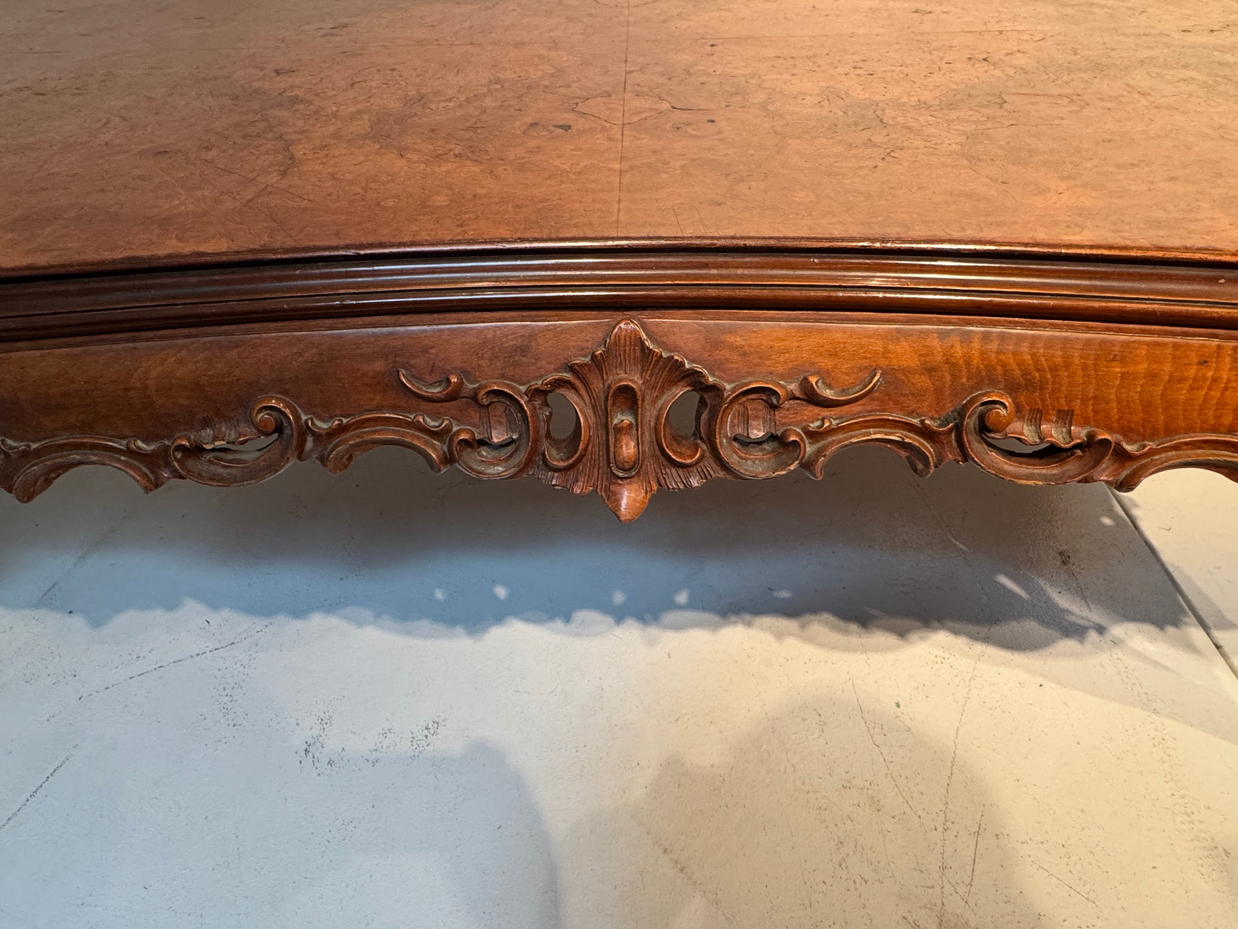 AF1-065: Antique French Louis XV Style Beechwood and Burl Walnut Highly Carved Dining Table Late 19th Century