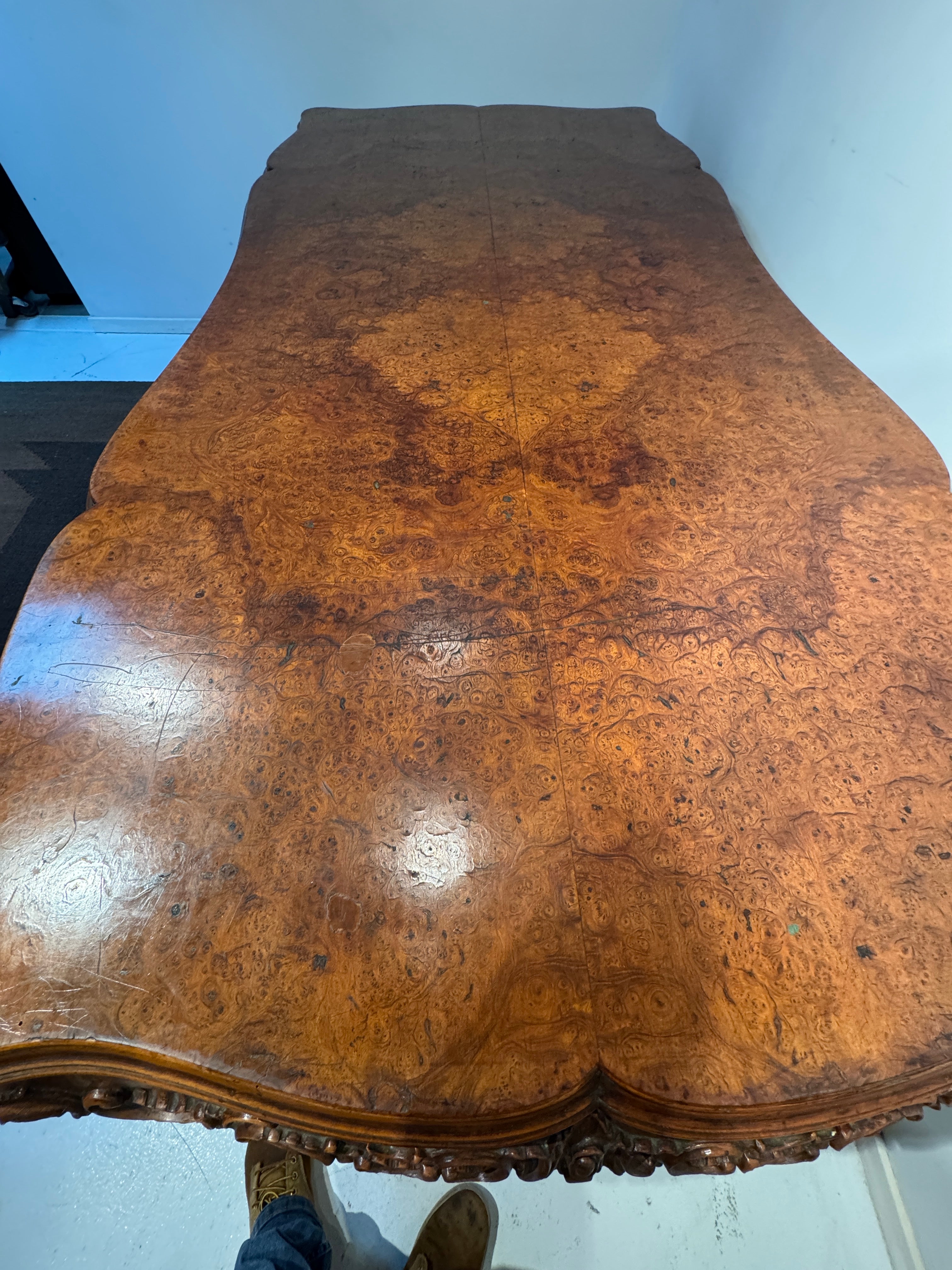 AF1-065: Antique French Louis XV Style Beechwood and Burl Walnut Highly Carved Dining Table Late 19th Century