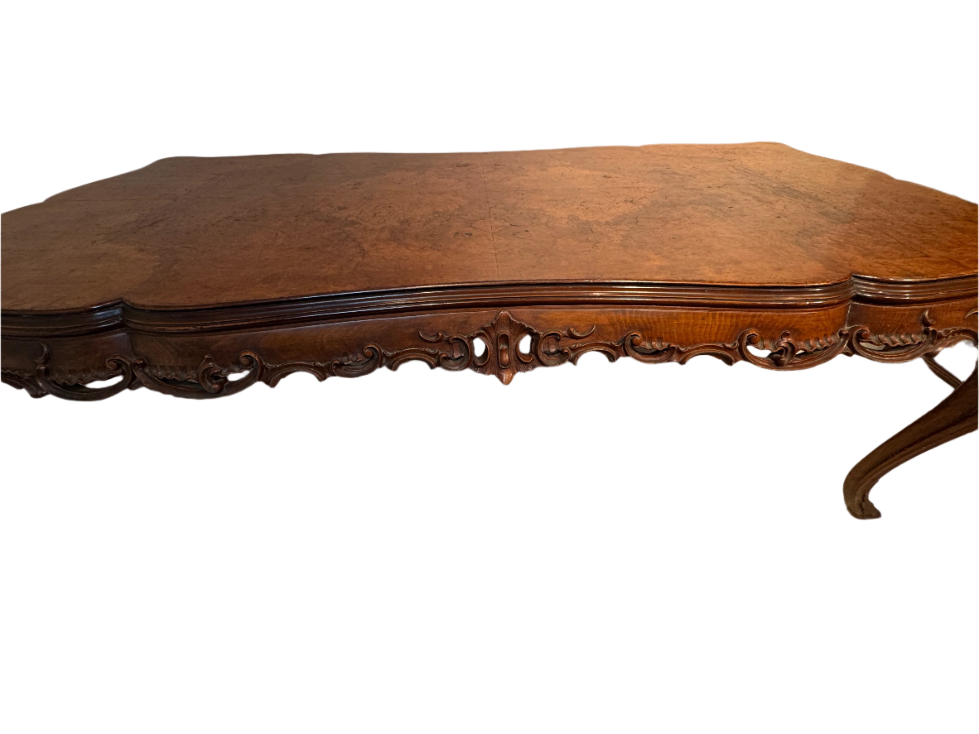 AF1-065: Antique French Louis XV Style Beechwood and Burl Walnut Highly Carved Dining Table Late 19th Century