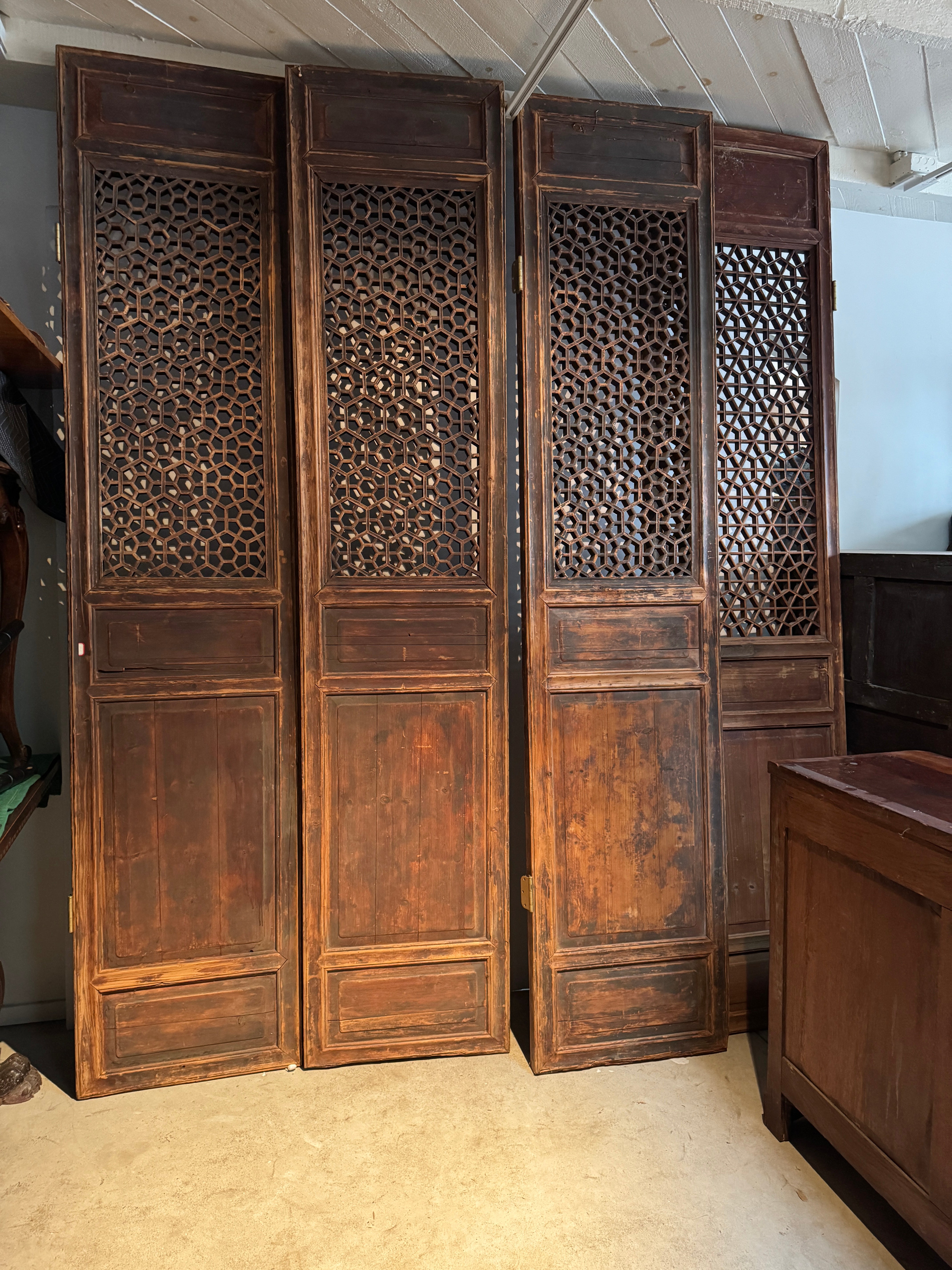 AF10-015: Antique Chinese Door Panels (8) Combined Together to Form a Tall Screen Late 19th Century