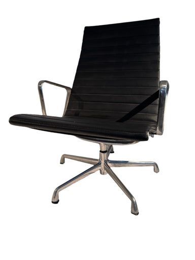 Vintage Eames Aluminum Lounge Chair Black Leather With Five Leg Star Base | Work of Man