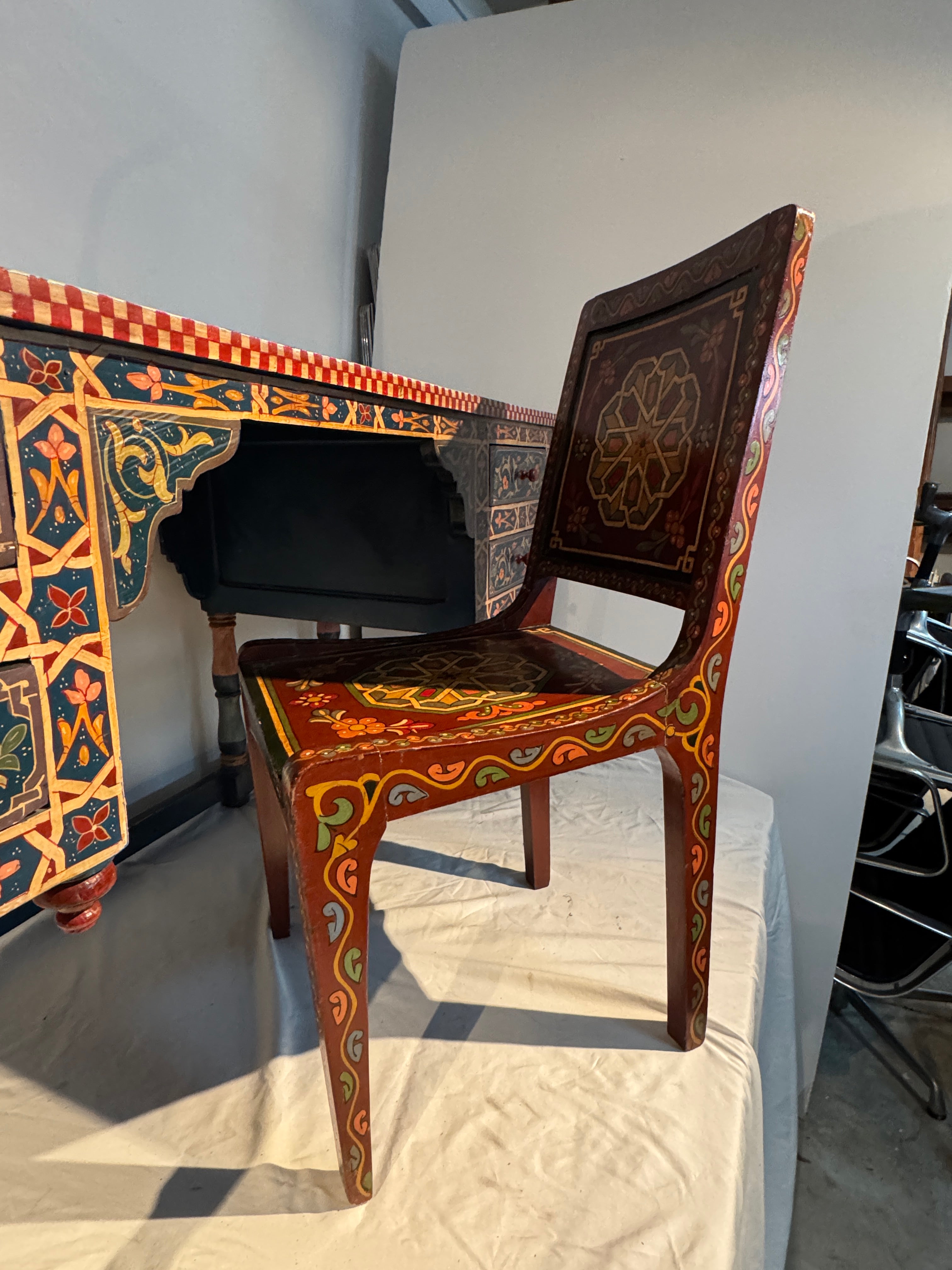 AF5-060: Vintage Moroccan Hand Painted Desk and Chair Late 20th Century
