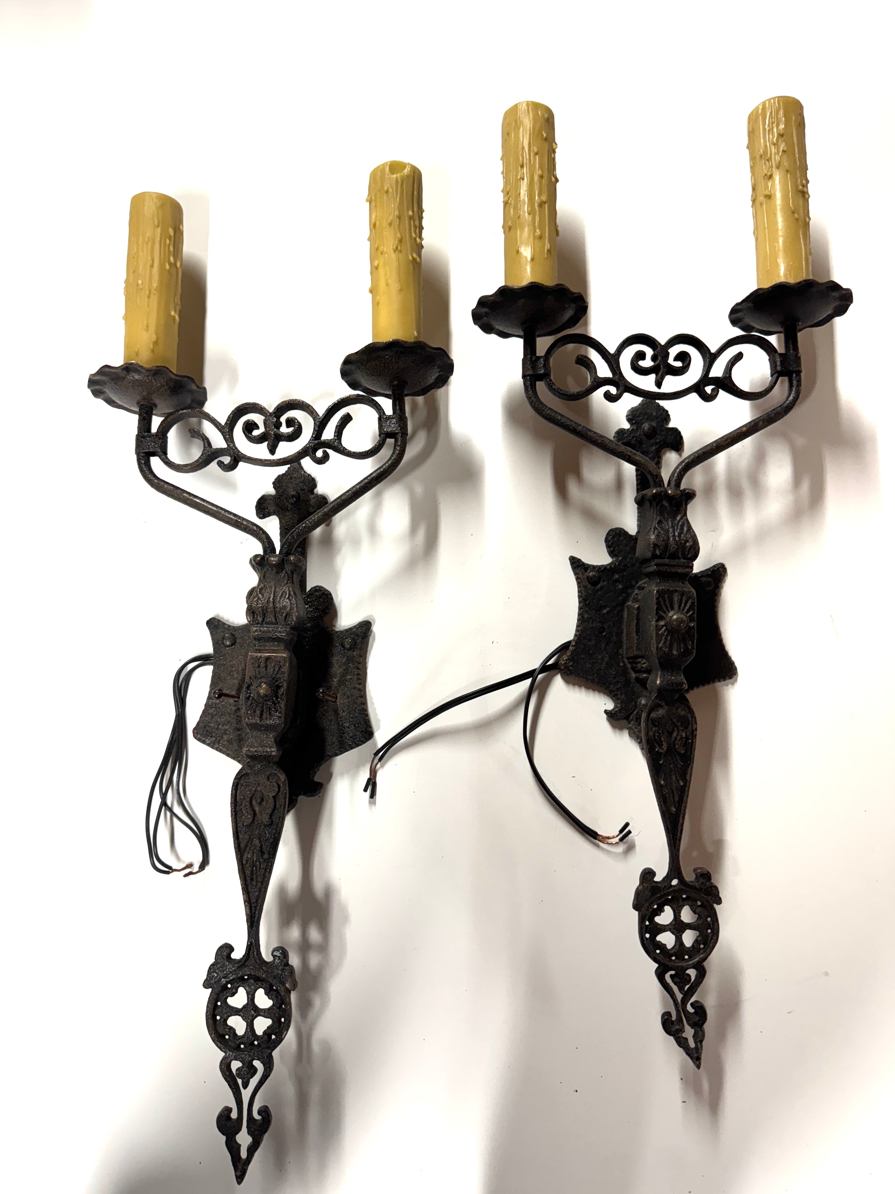 20th Century Lighting Pair of Spanish Colonial Sconces El Mirado Distressed Painted Iron Finish | Work of Man
