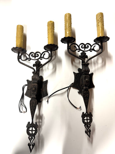 20th Century Lighting Pair of Spanish Colonial Sconces El Mirado Distressed Painted Iron Finish | Work of Man