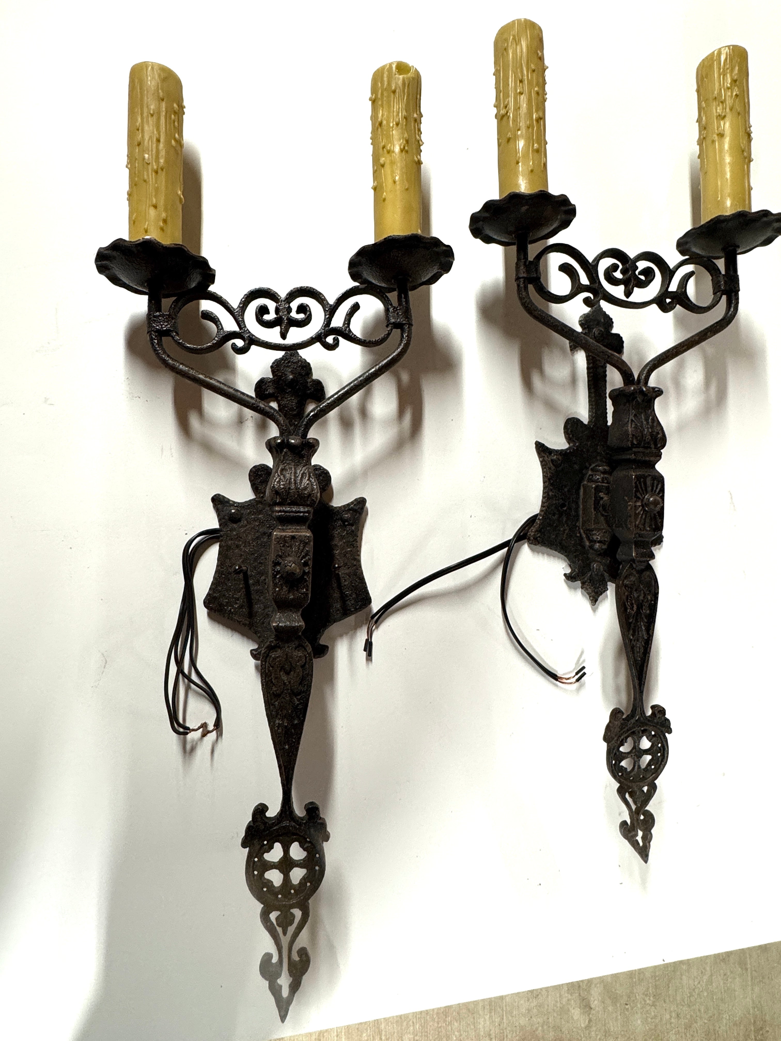 AL3-014: 20th Century Lighting Pair of Spanish Colonial Sconces El Mirado Distressed Painted Iron Finish