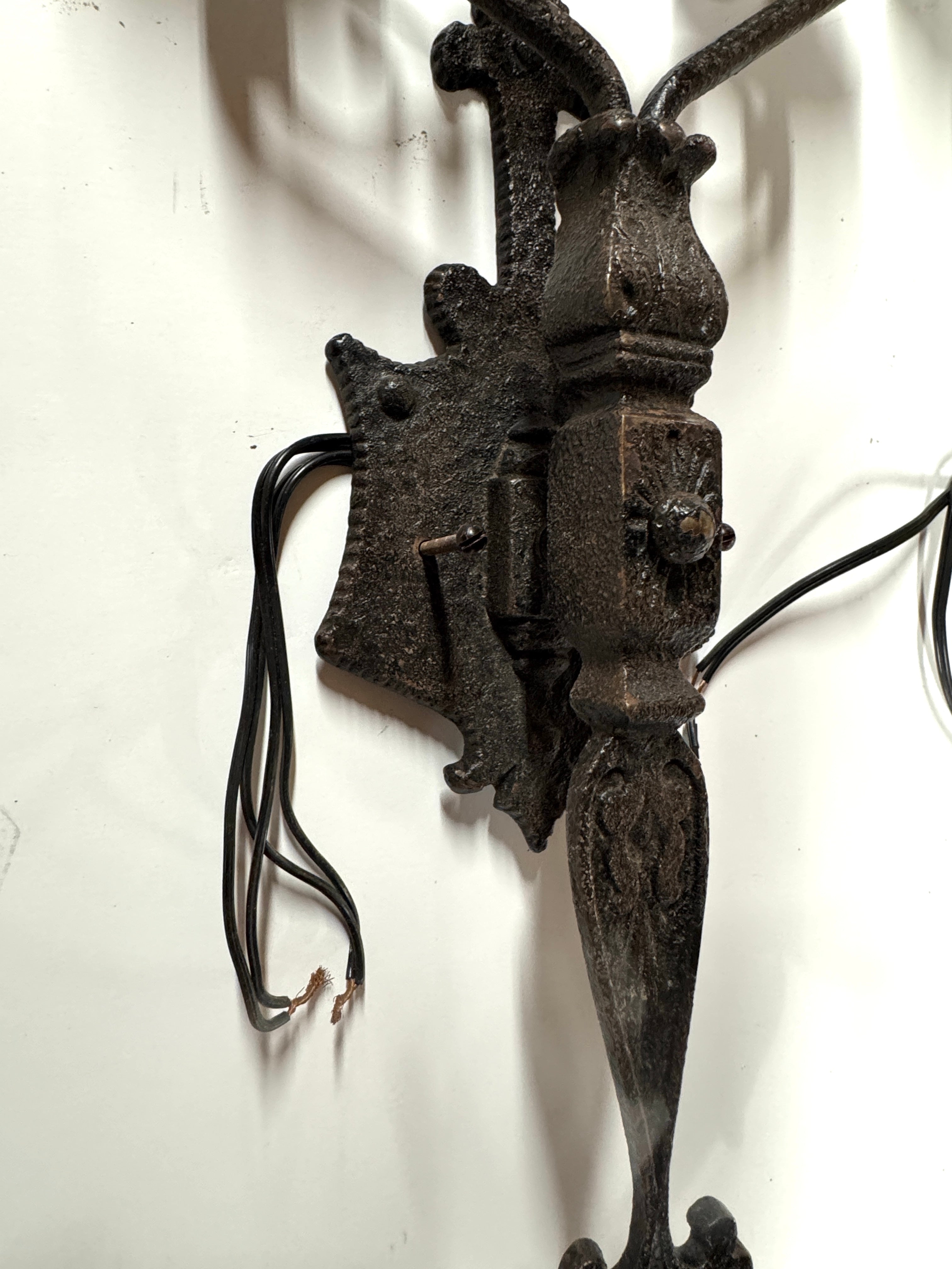 AL3-014: 20th Century Lighting Pair of Spanish Colonial Sconces El Mirado Distressed Painted Iron Finish