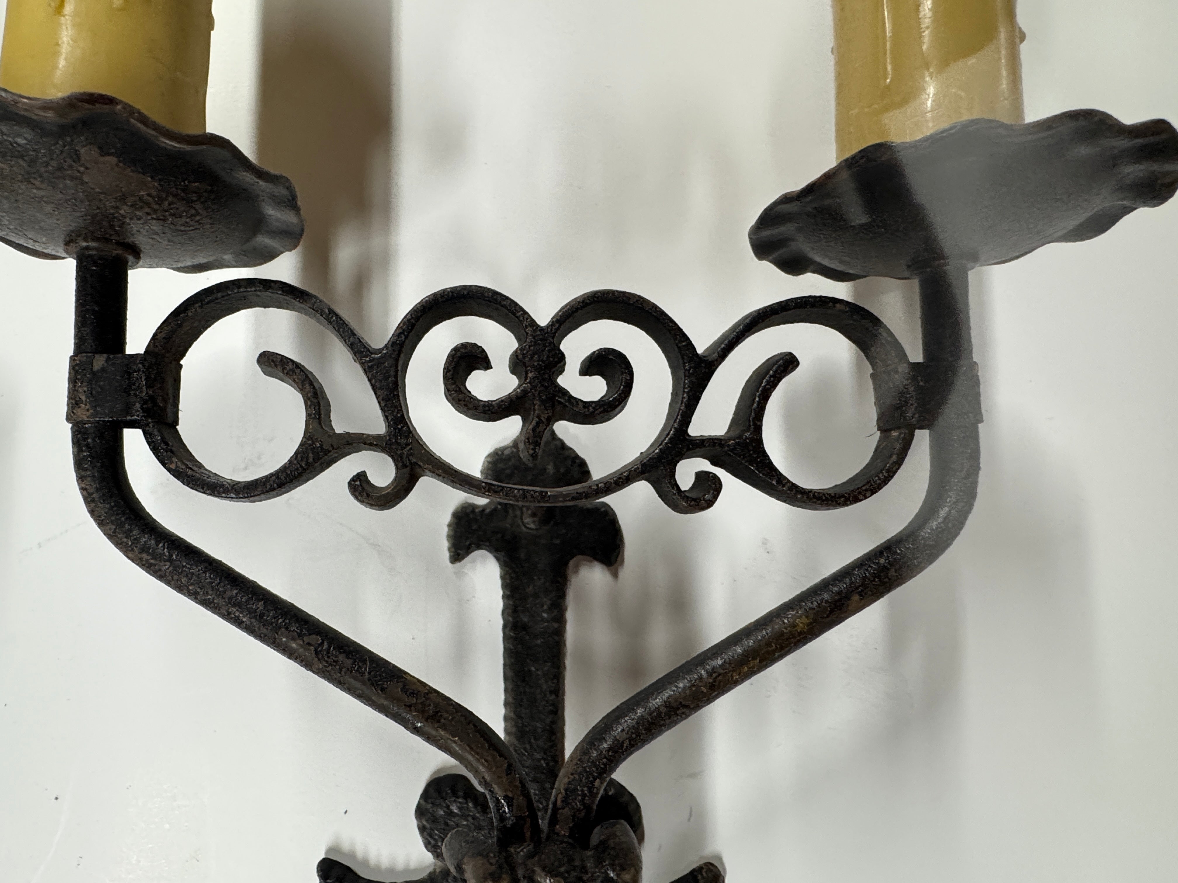 AL3-014: 20th Century Lighting Pair of Spanish Colonial Sconces El Mirado Distressed Painted Iron Finish