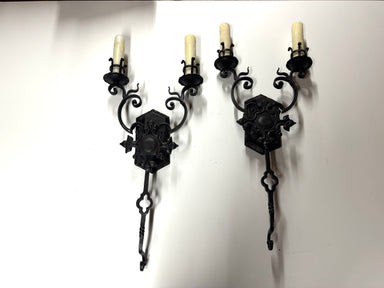 20th Century Lighting Pair of Spanish Colonial Sconces Las Gardenias Distressed Painted Iron Finish | Work of Man