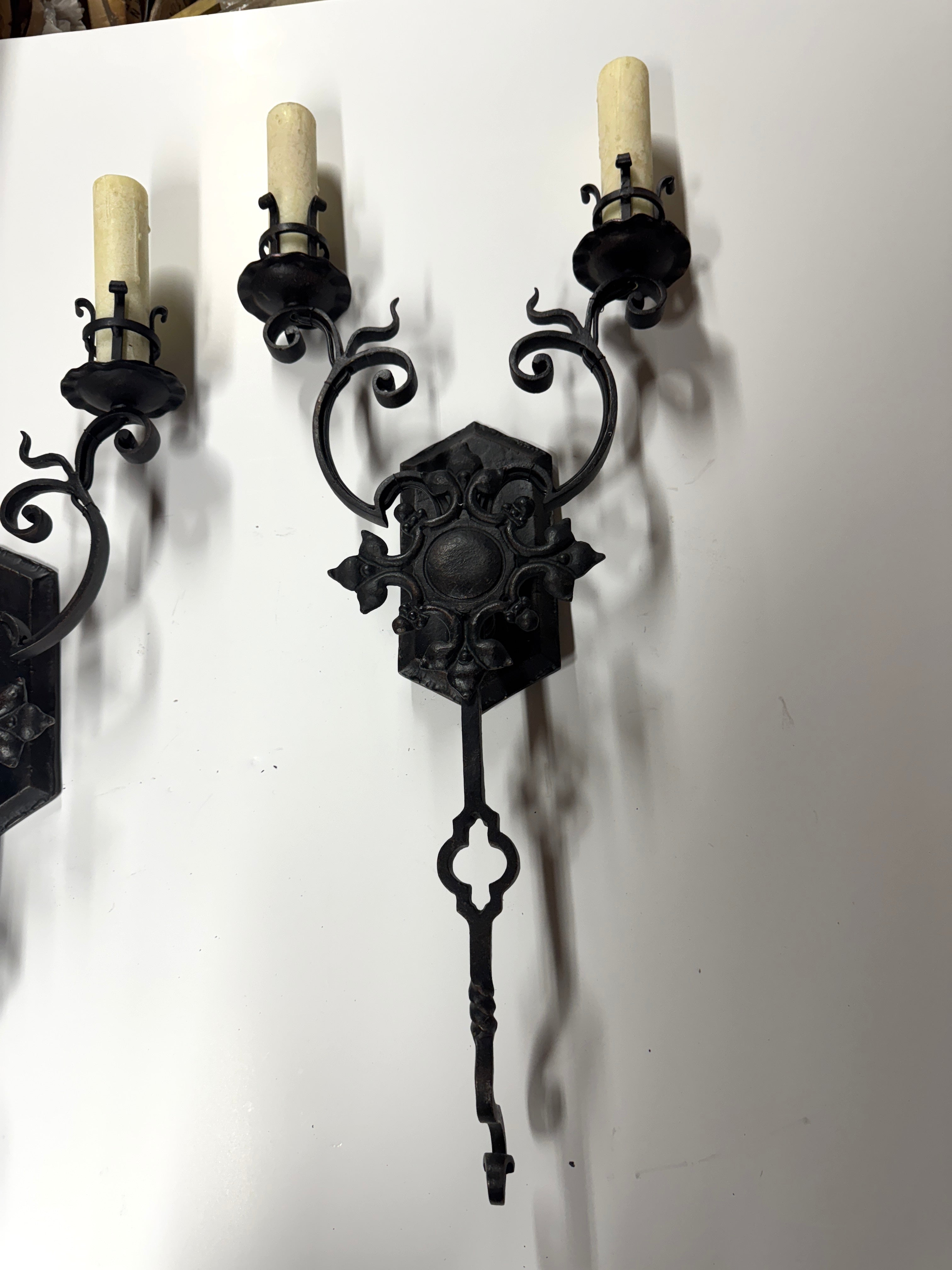 AL3-017: 20th Century Lighting Pair of Spanish Colonial Sconces Las Gardenias Distressed Painted Iron Finish