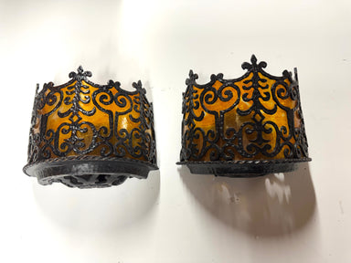 0th Century Lighting Pair of Spanish Colonial Sconces Corona Worn Blackened Paint Finish | Work of Man
