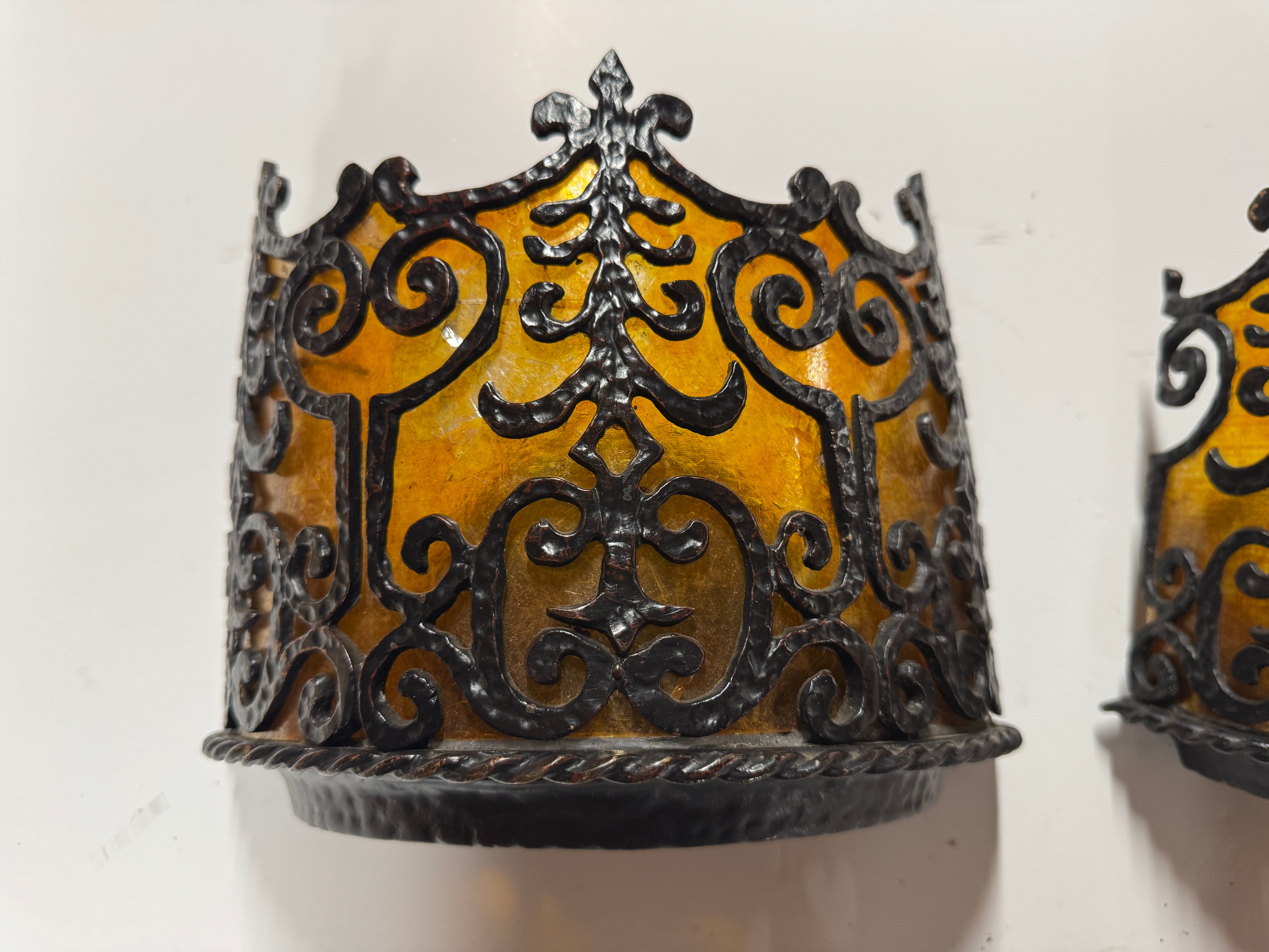 AL3-018: 20th Century Lighting Pair of Spanish Colonial Sconces Corona Worn Blackened Paint Finish