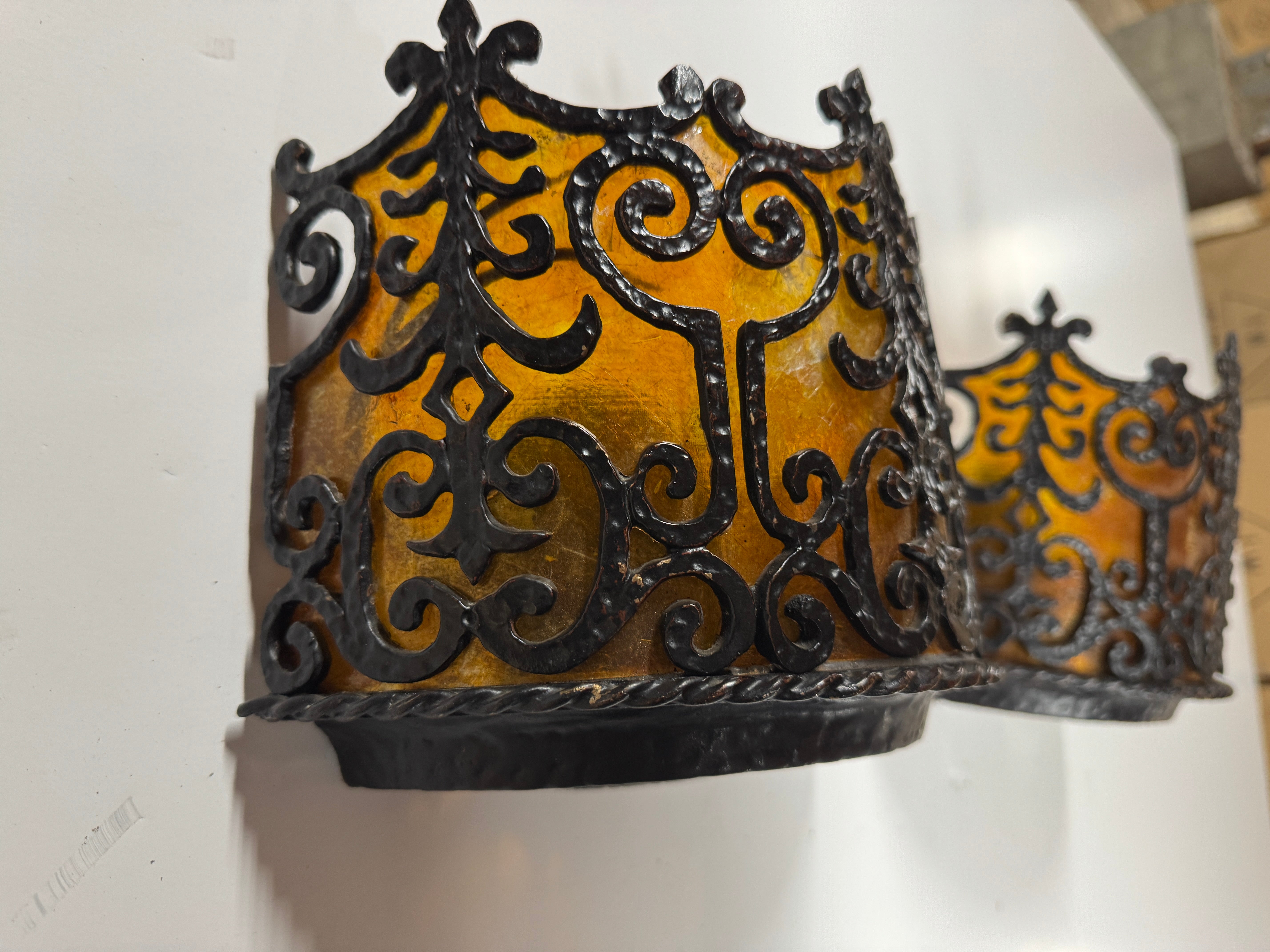 AL3-018: 20th Century Lighting Pair of Spanish Colonial Sconces Corona Worn Blackened Paint Finish