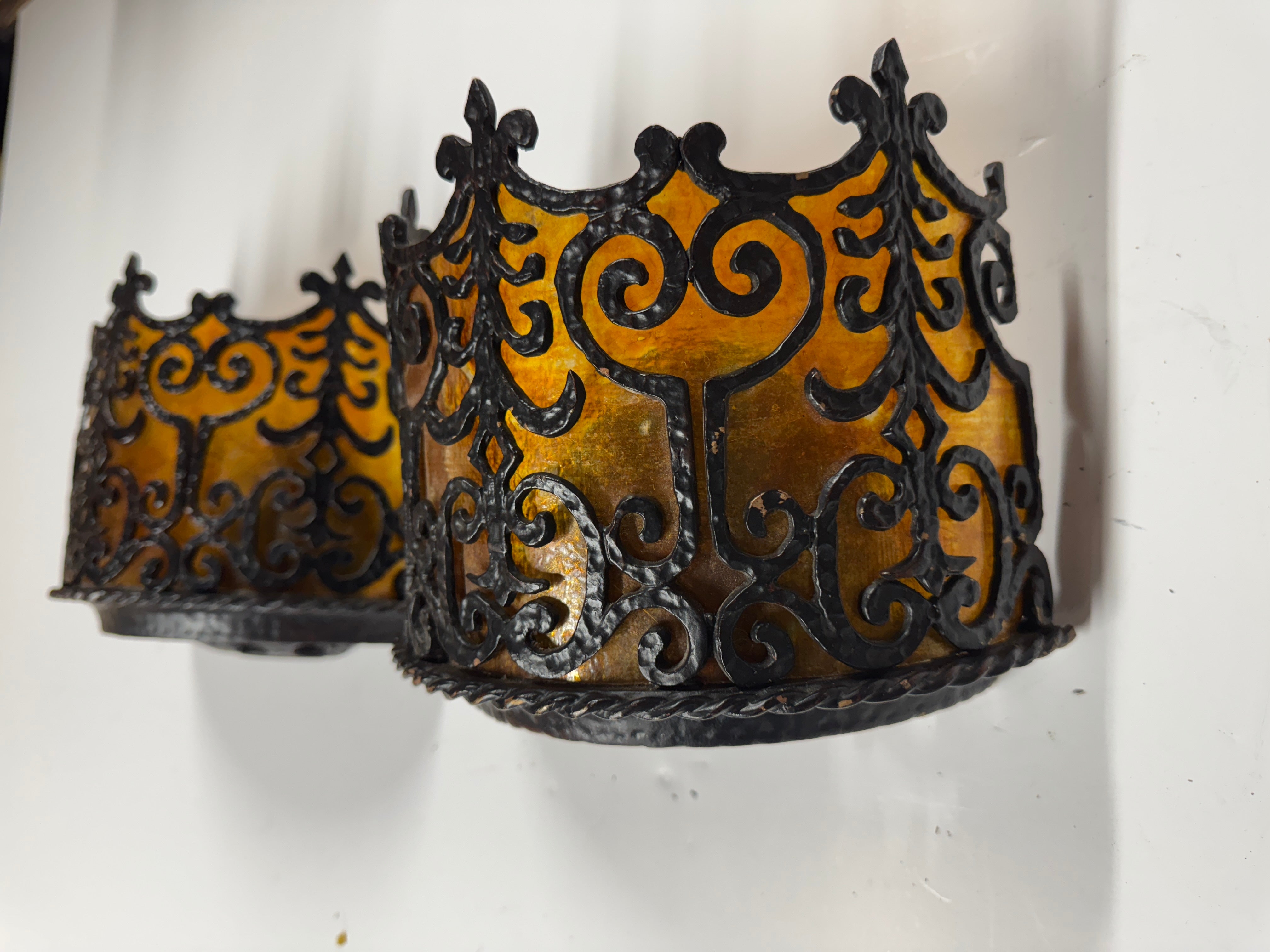 AL3-018: 20th Century Lighting Pair of Spanish Colonial Sconces Corona Worn Blackened Paint Finish