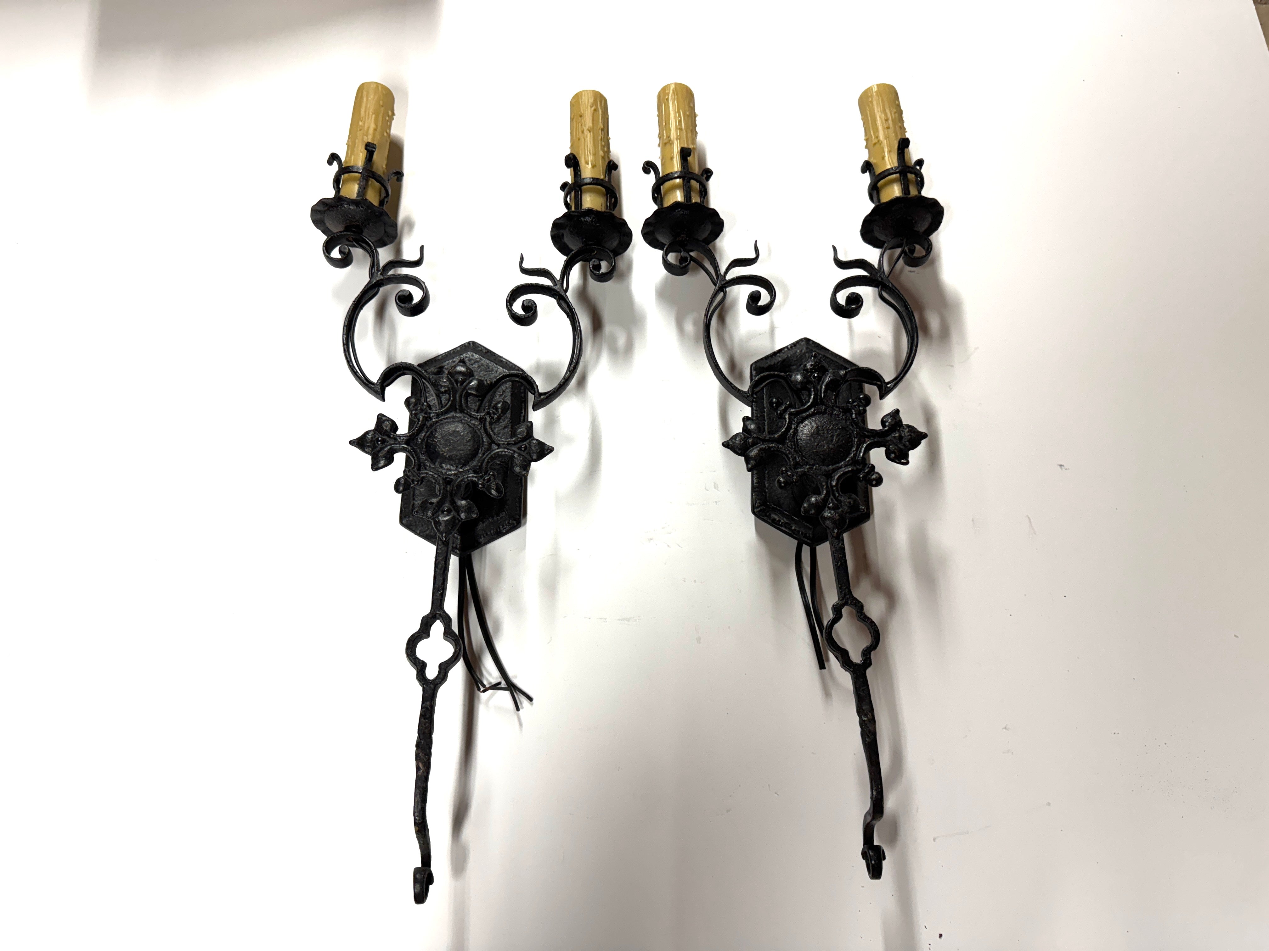 20th Century Lighting Pair of Spanish Colonial Sconces Las Gardenias Distressed Painted Iron Finish | Work of Man