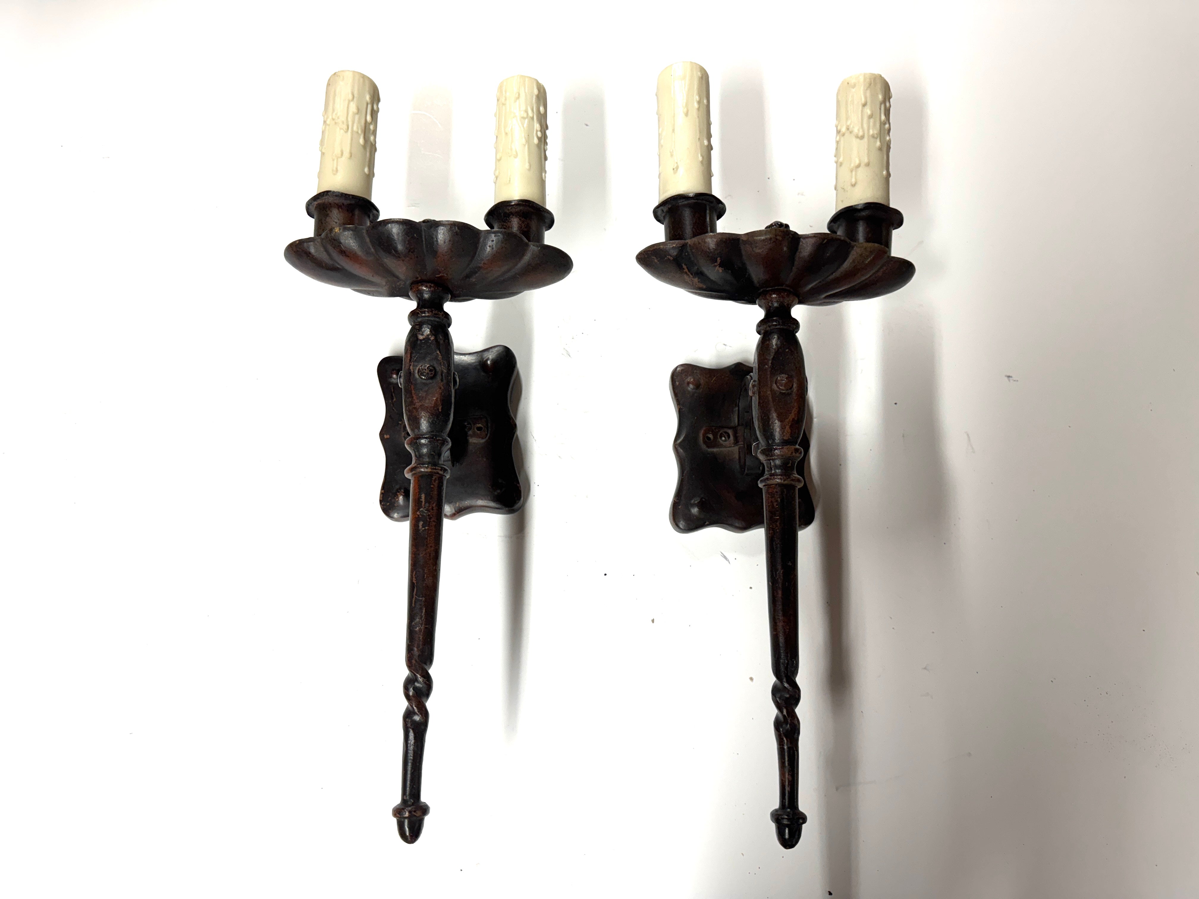 20th Century Lighting Pair of Spanish Colonial Sconces Marmont Distressed Painted Iron Finish | Work of Man