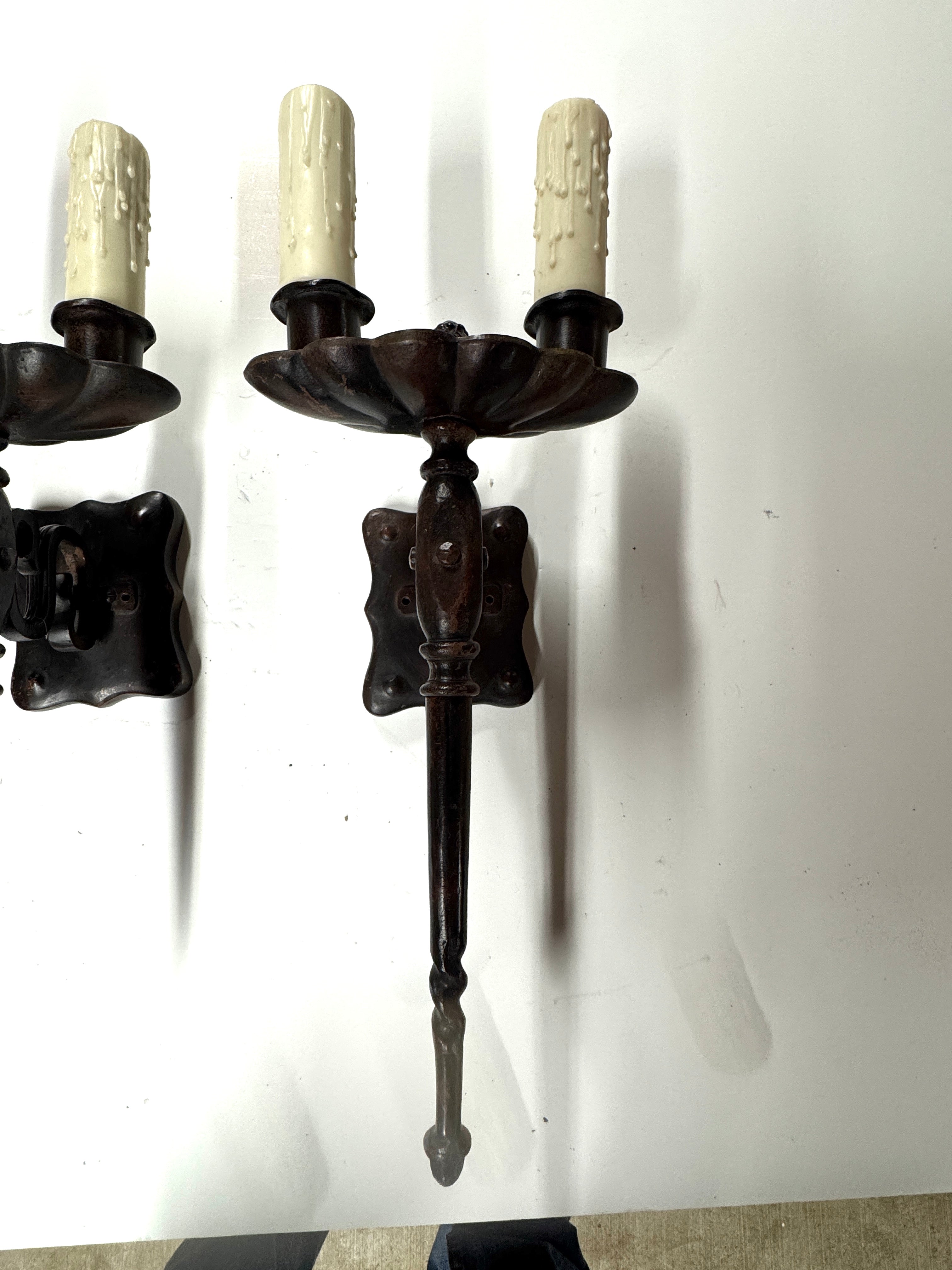 AL3-021: 20th Century Lighting Pair of Spanish Colonial Sconces Marmont Distressed Painted Iron Finish