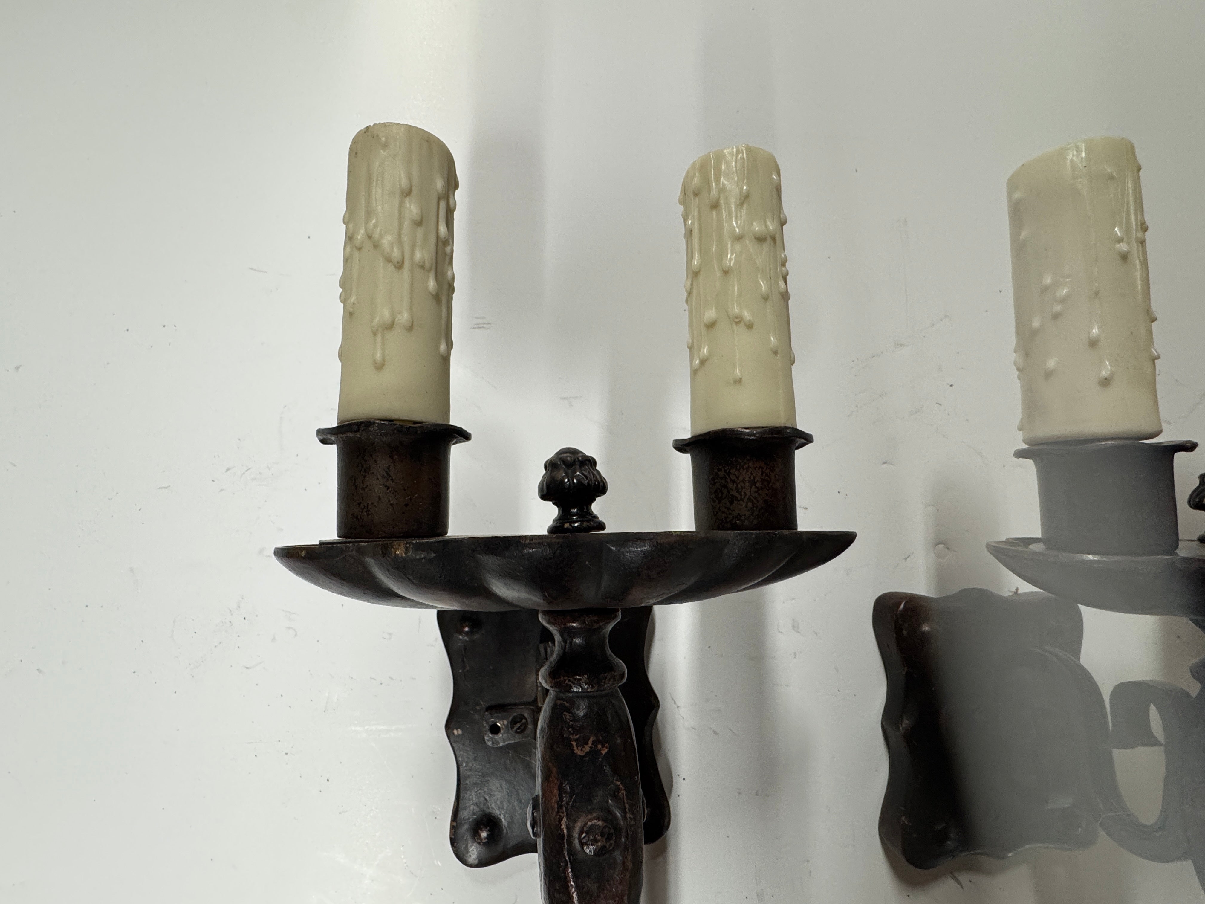 AL3-021: 20th Century Lighting Pair of Spanish Colonial Sconces Marmont Distressed Painted Iron Finish