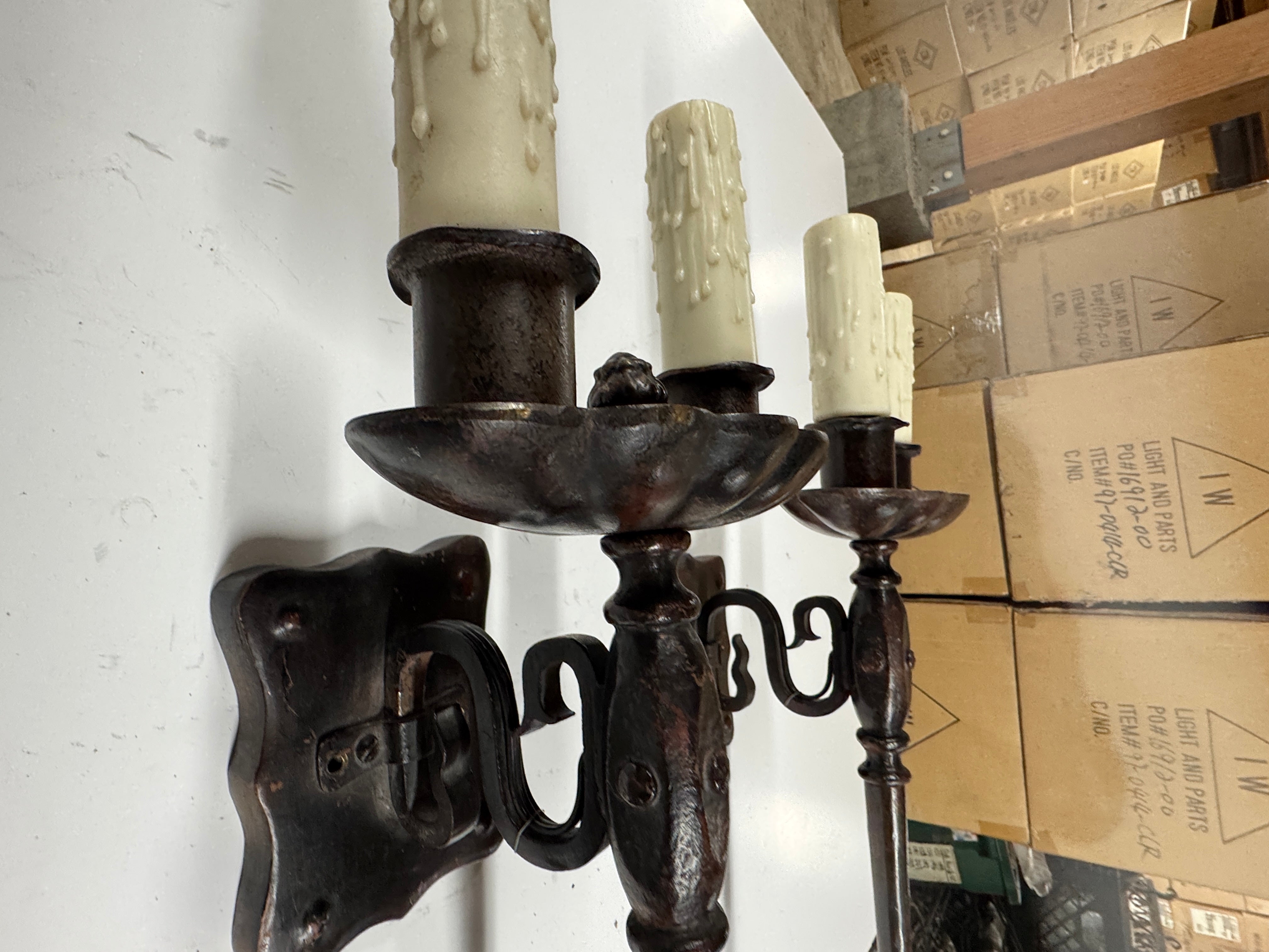 AL3-021: 20th Century Lighting Pair of Spanish Colonial Sconces Marmont Distressed Painted Iron Finish