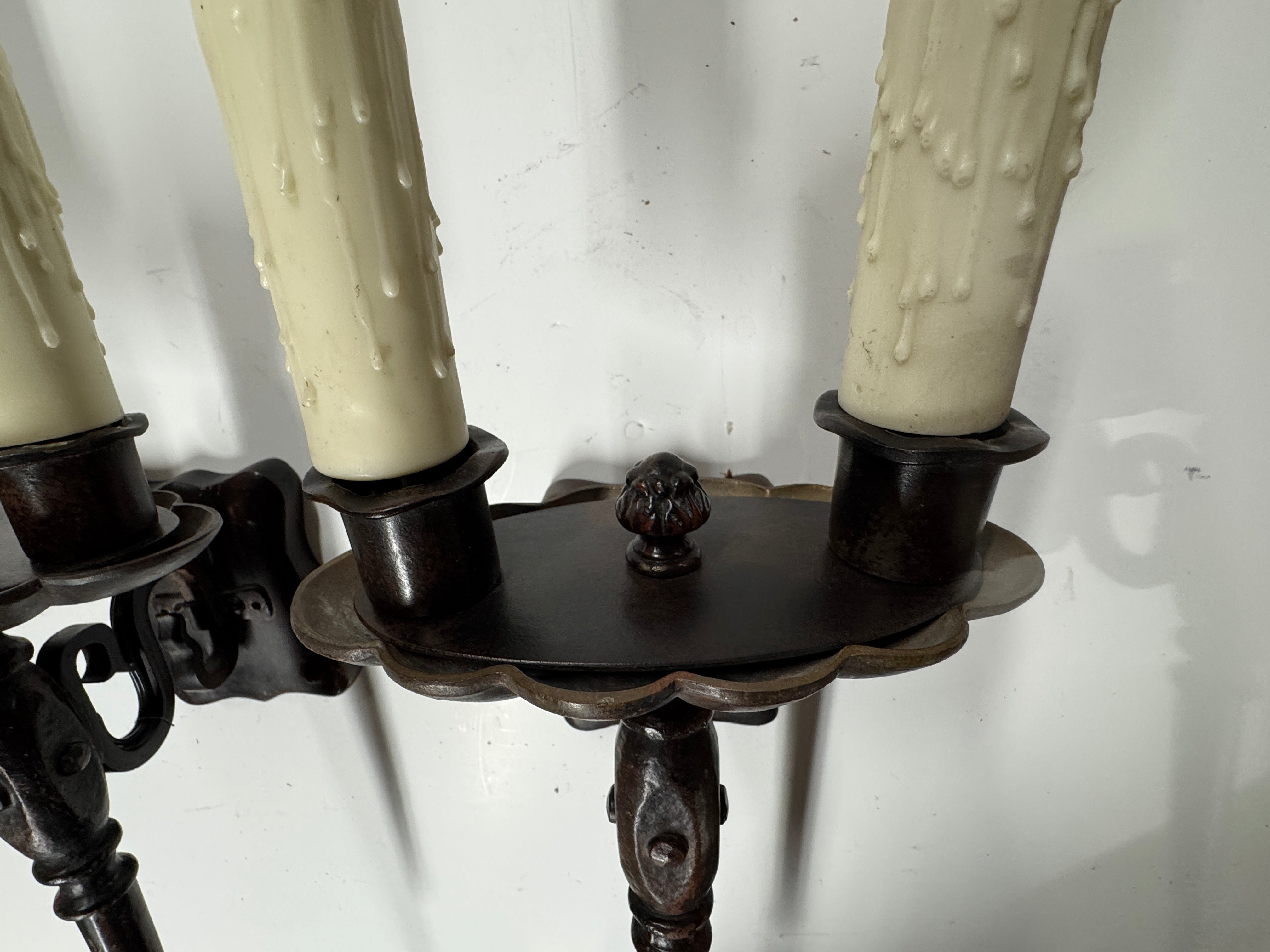 AL3-021: 20th Century Lighting Pair of Spanish Colonial Sconces Marmont Distressed Painted Iron Finish