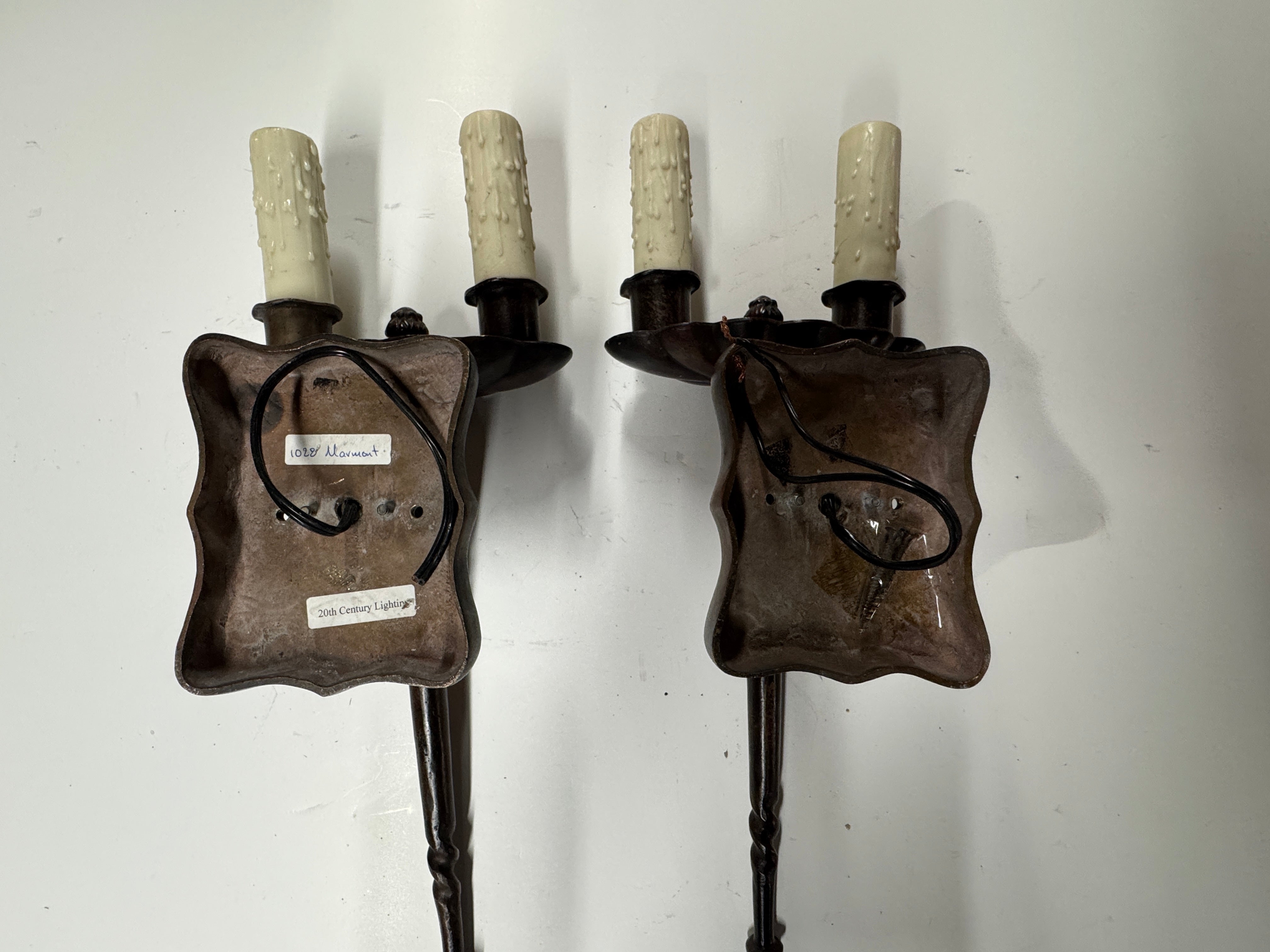 AL3-021: 20th Century Lighting Pair of Spanish Colonial Sconces Marmont Distressed Painted Iron Finish