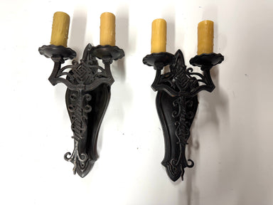 20th Century Lighting Pair of Spanish Colonial Sconces El Cortez Worn Blackened Paint Finish | Work of Man
