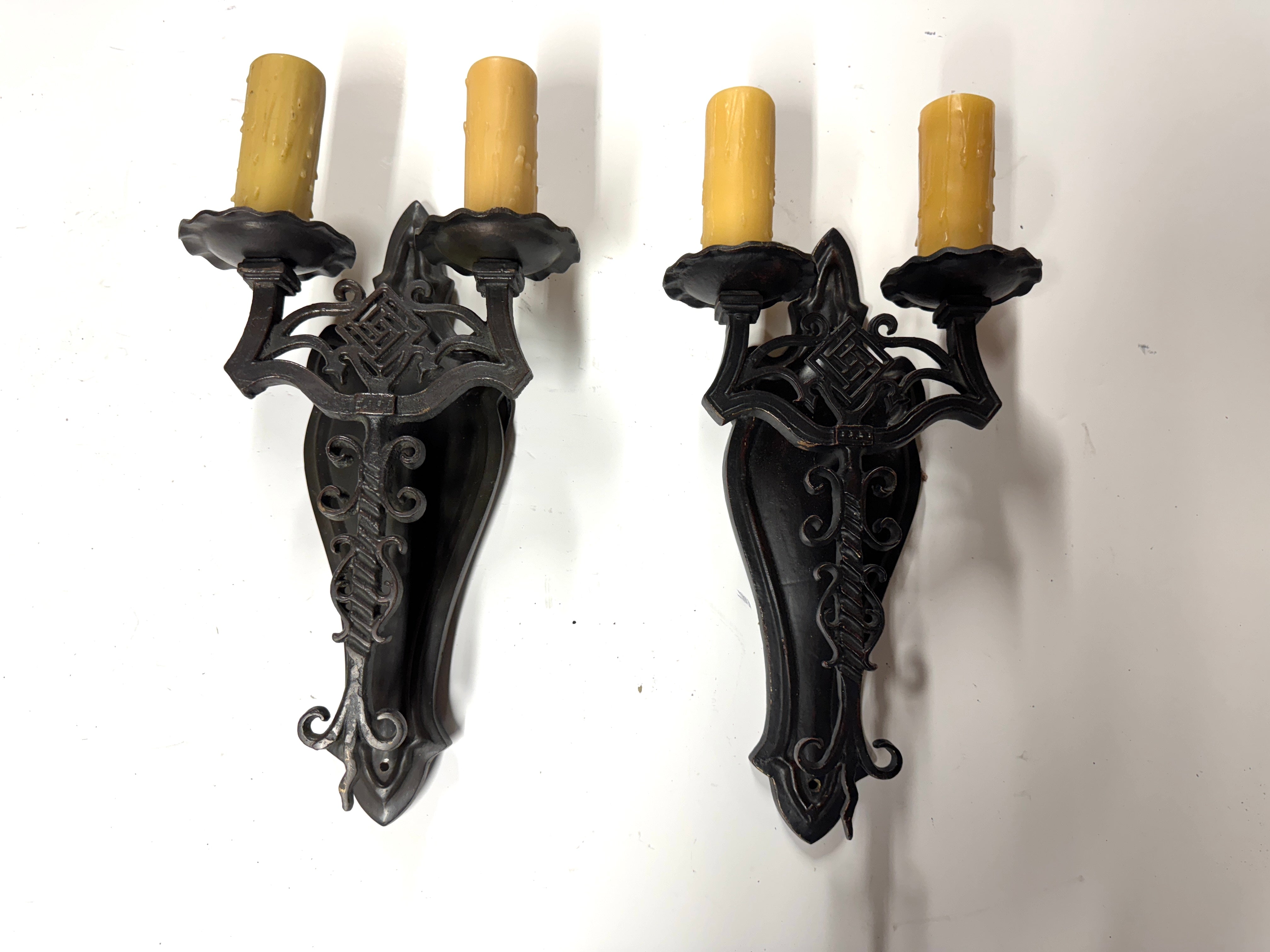 20th Century Lighting Pair of Spanish Colonial Sconces El Cortez Worn Blackened Paint Finish | Work of Man