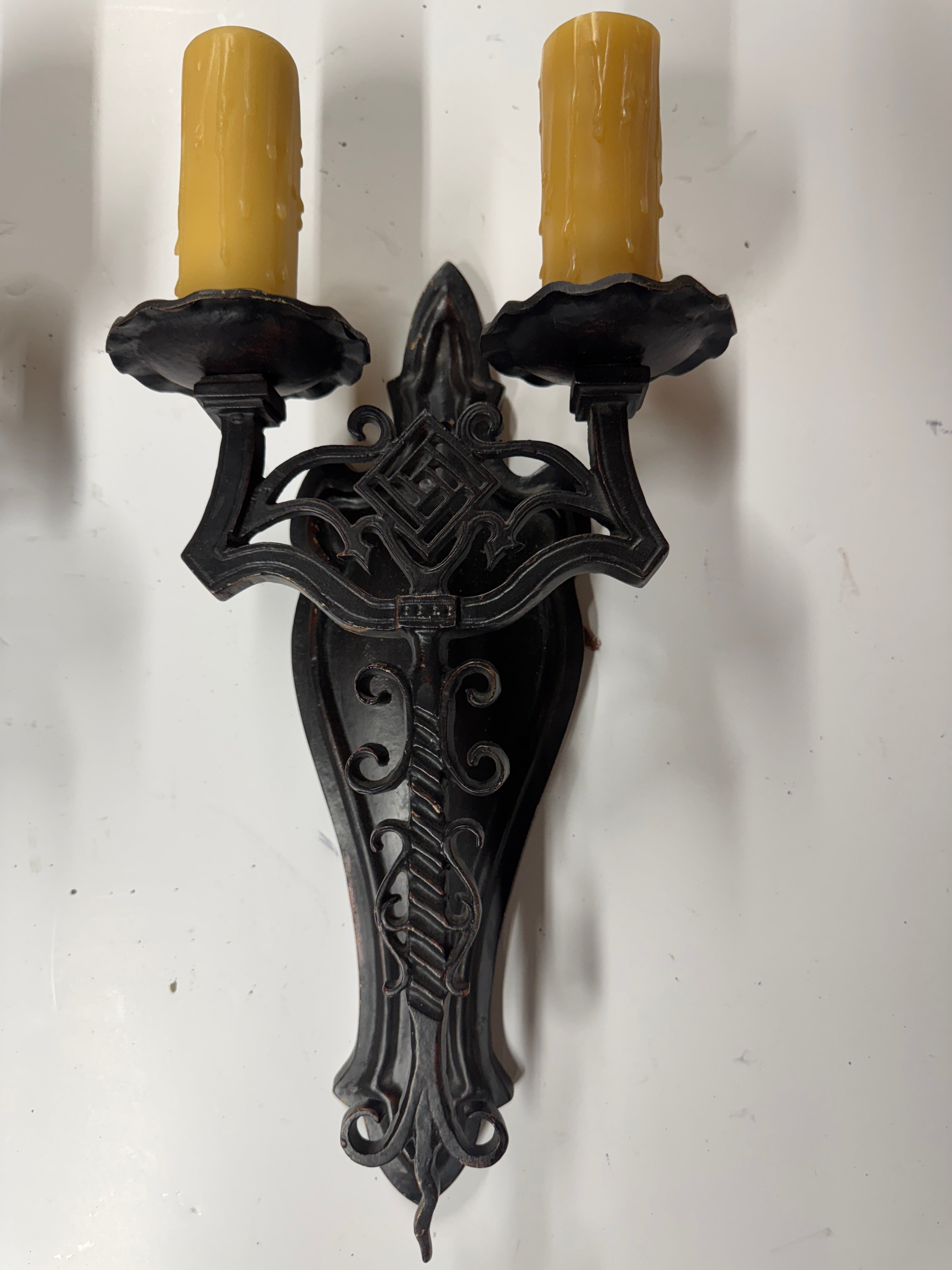 AL3-022: 20th Century Lighting Pair of Spanish Colonial Sconces El Cortez Worn Blackened Paint Finish