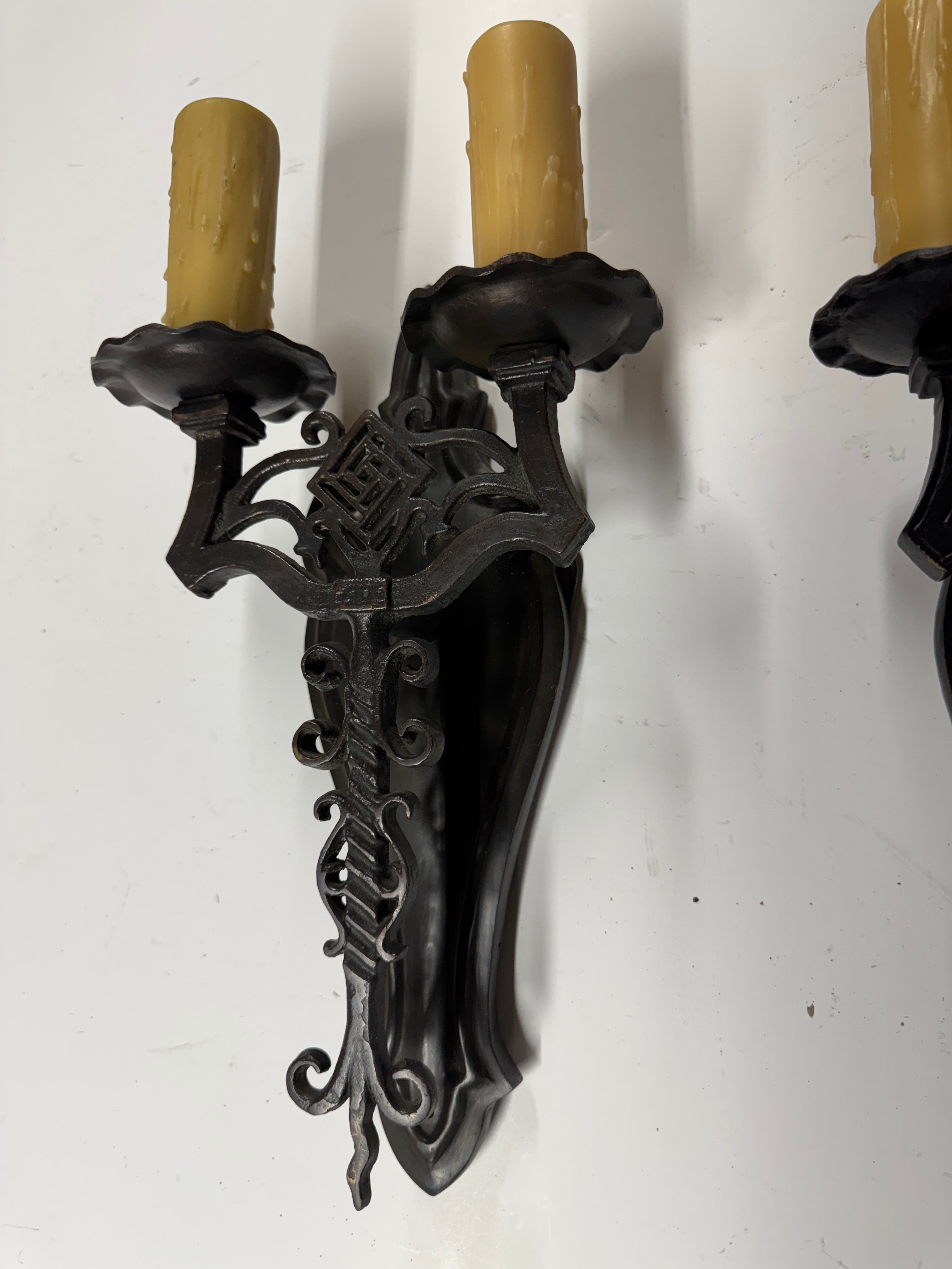 AL3-022: 20th Century Lighting Pair of Spanish Colonial Sconces El Cortez Worn Blackened Paint Finish