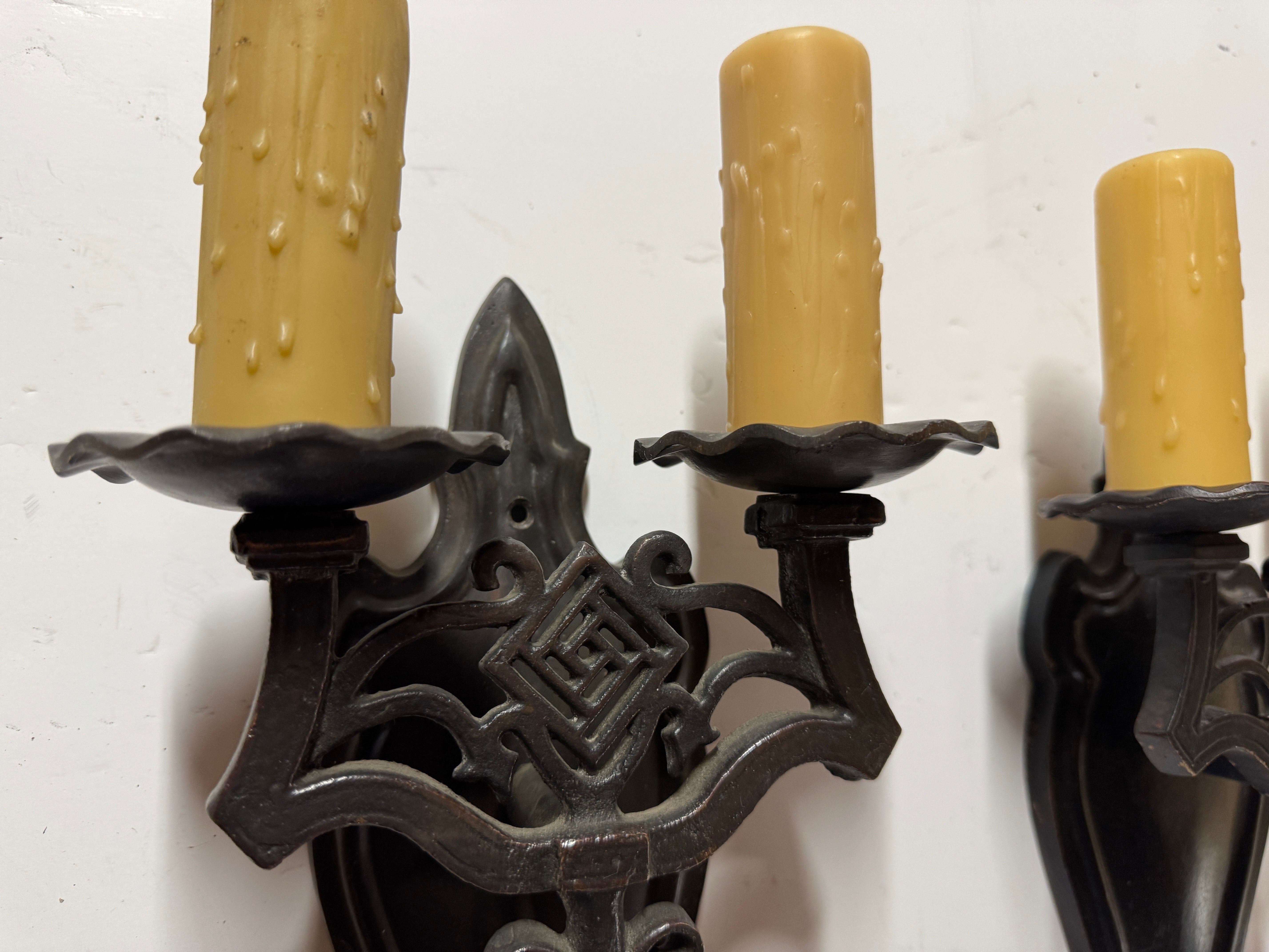 AL3-022: 20th Century Lighting Pair of Spanish Colonial Sconces El Cortez Worn Blackened Paint Finish