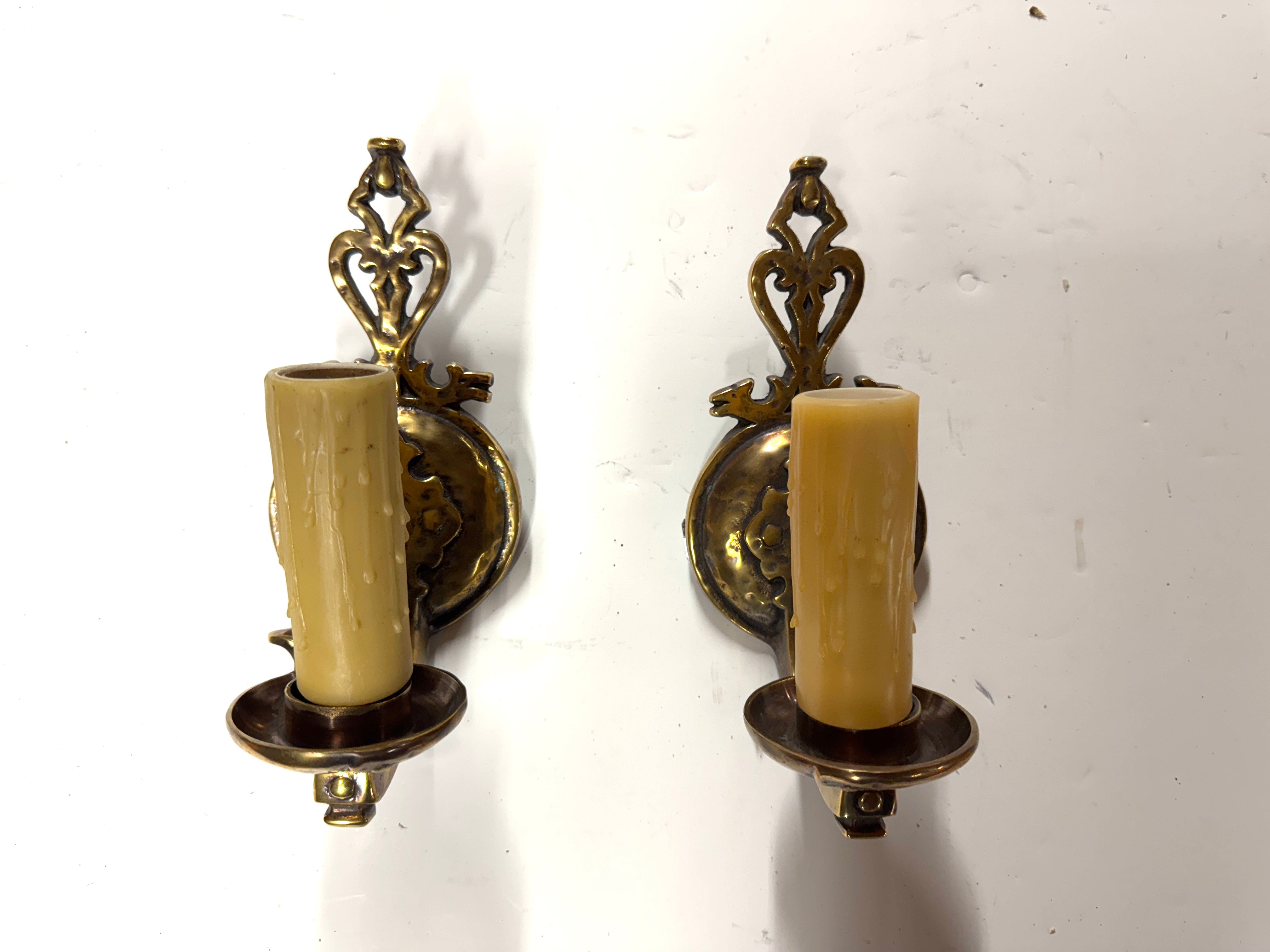 20th Century Lighting Pair of Spanish Colonial Sconces Livorno Antique Brass Finish | Work of Man