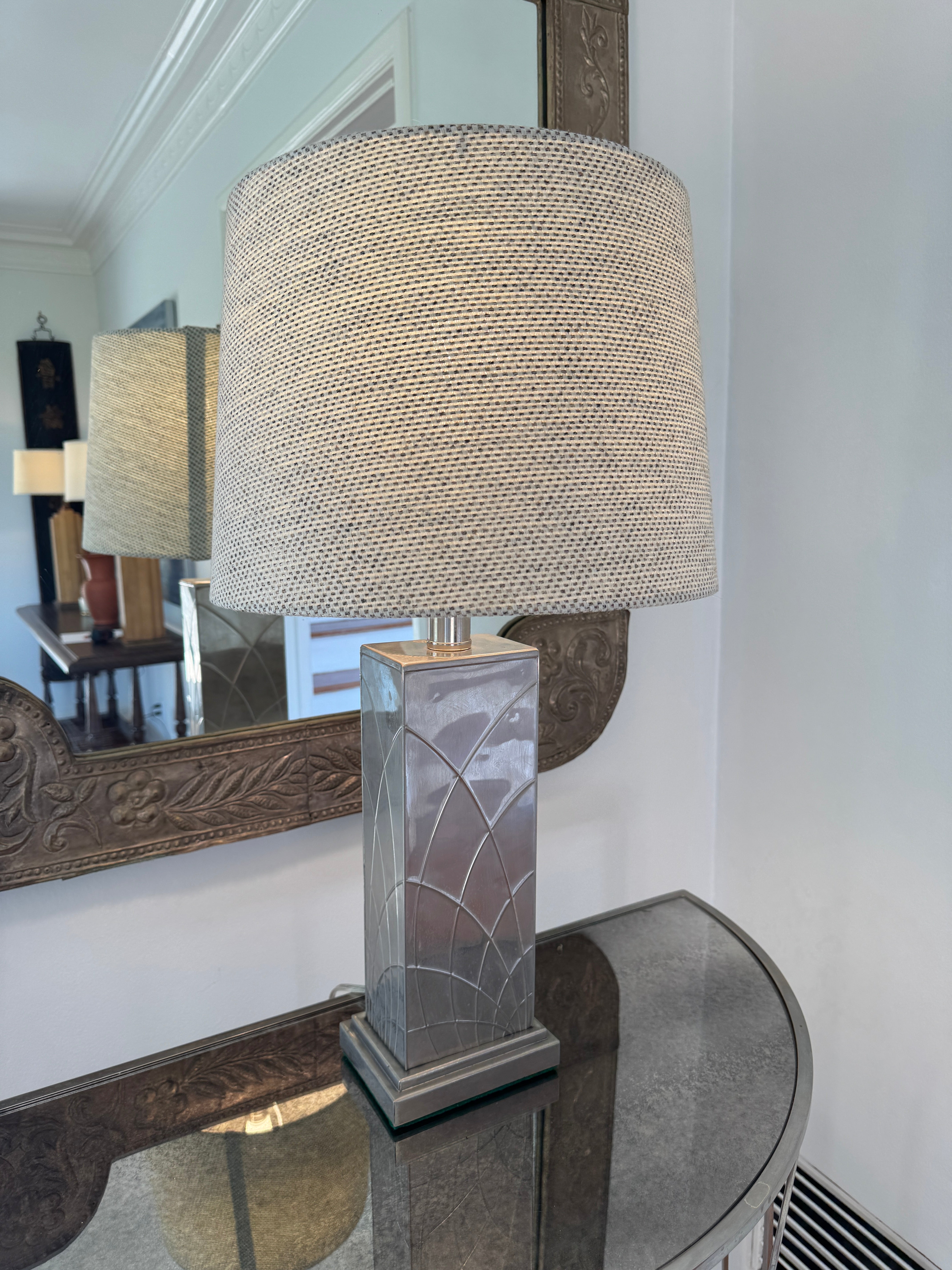 Mid Century Art Deco Stylized Nickel Over Brass Table Lamp Circa 1940's | Work of Man