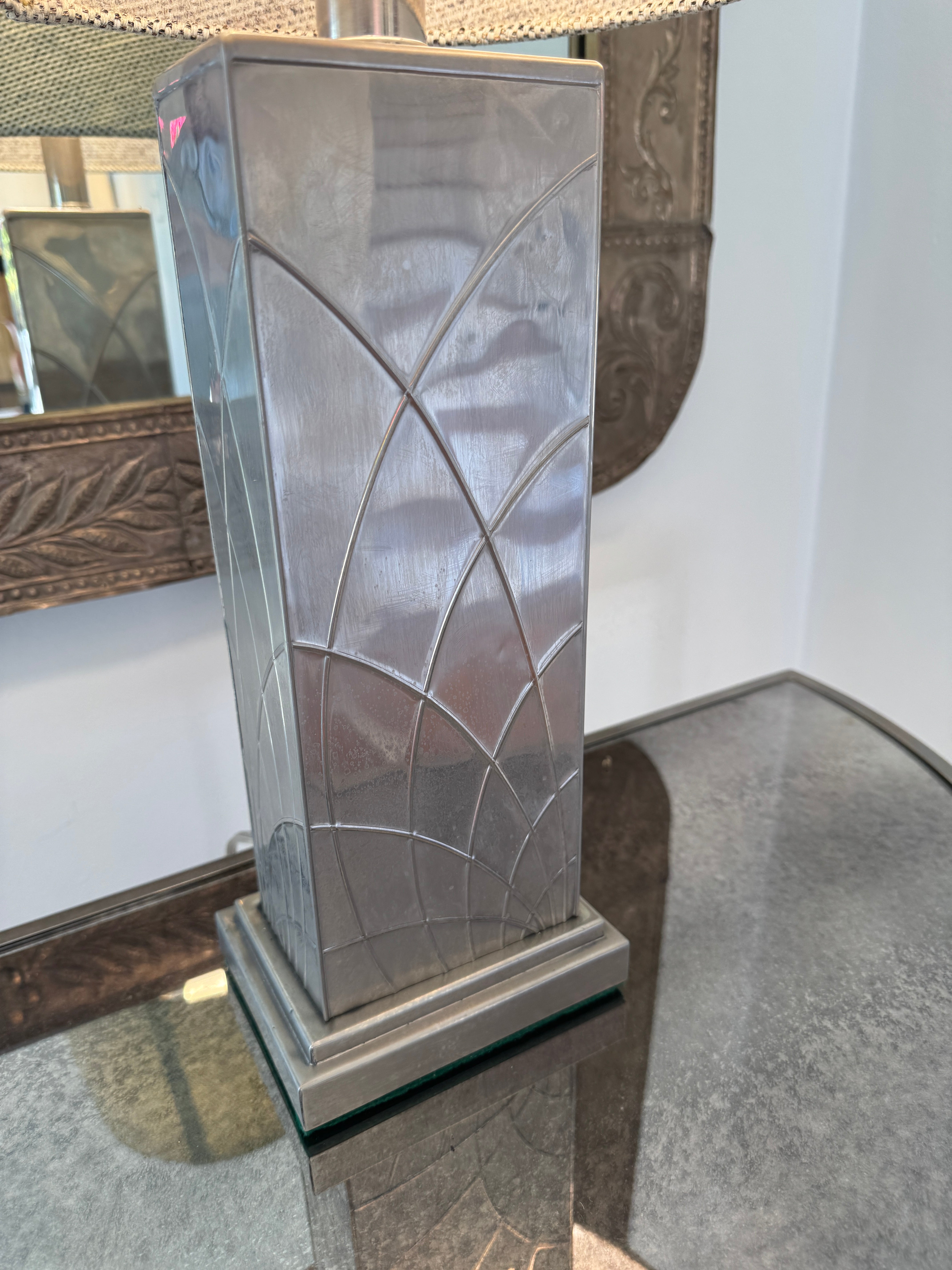 AL2-038: Mid Century Art Deco Stylized Nickel Over Brass Table Lamp Circa 1940's