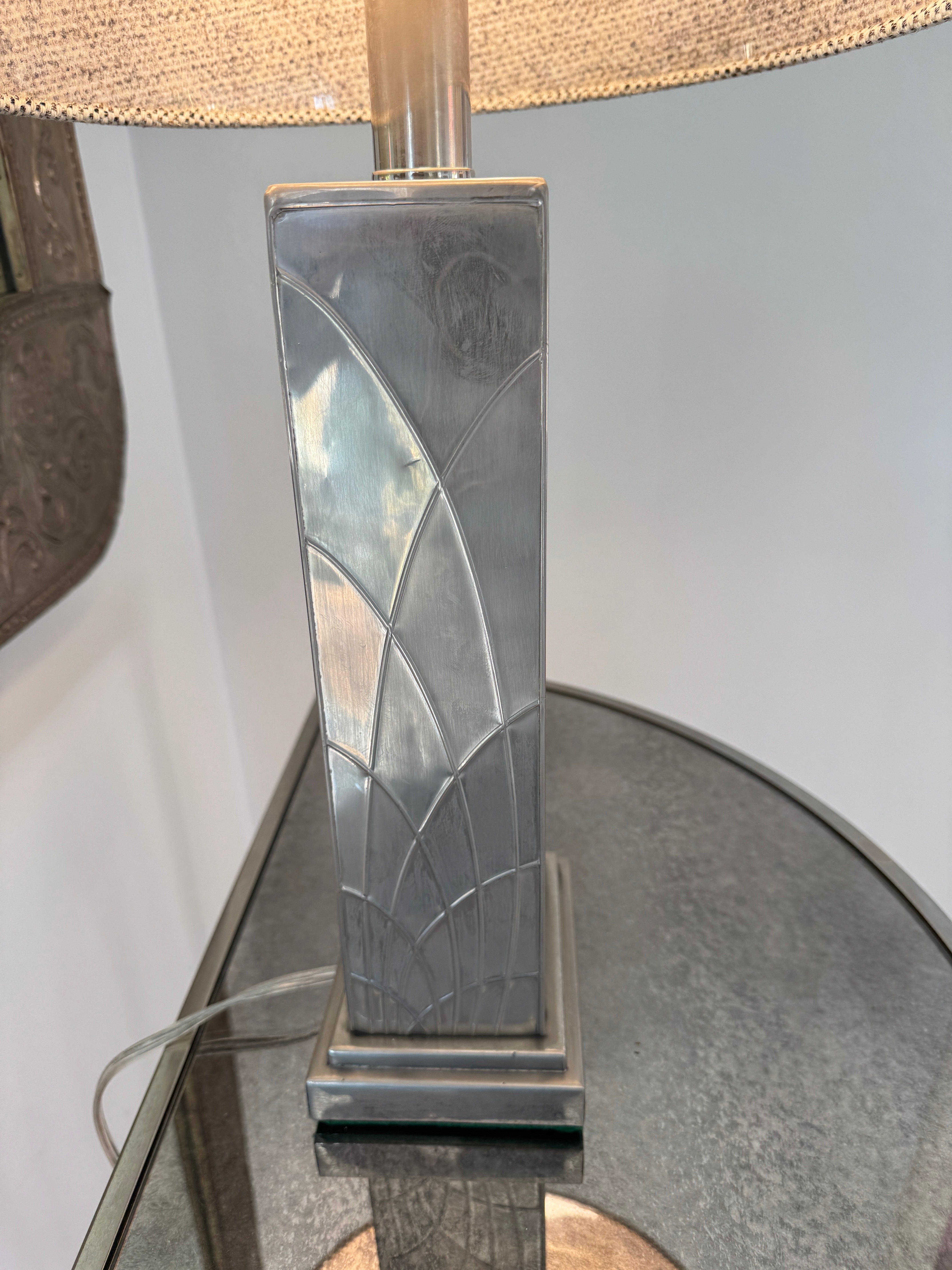 AL2-038: Mid Century Art Deco Stylized Nickel Over Brass Table Lamp Circa 1940's