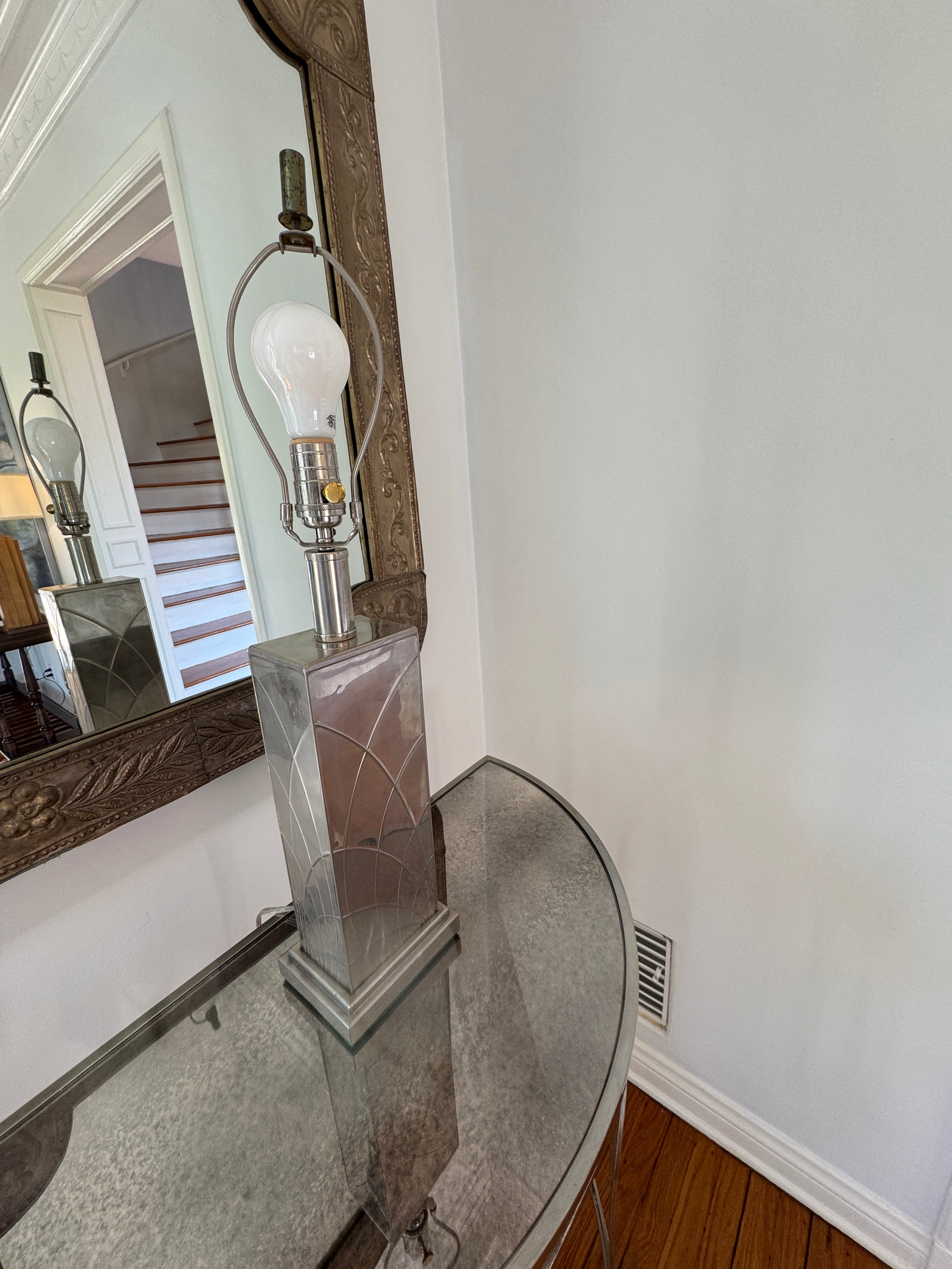 AL2-038: Mid Century Art Deco Stylized Nickel Over Brass Table Lamp Circa 1940's