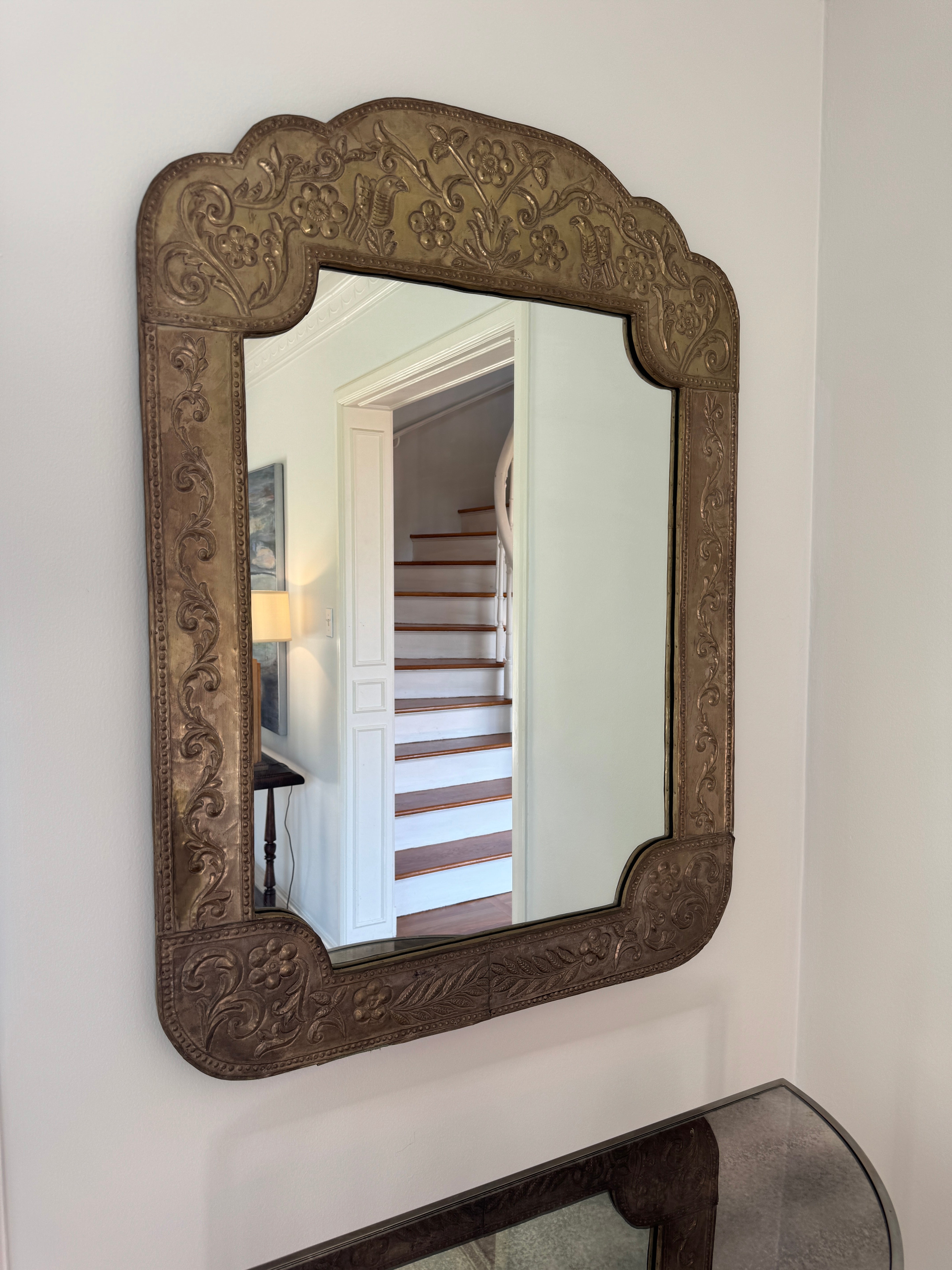 Vintage Spanish Colonial Silver ed Brass Mirror Frame With Mirror Late 20th Century | Work of Man