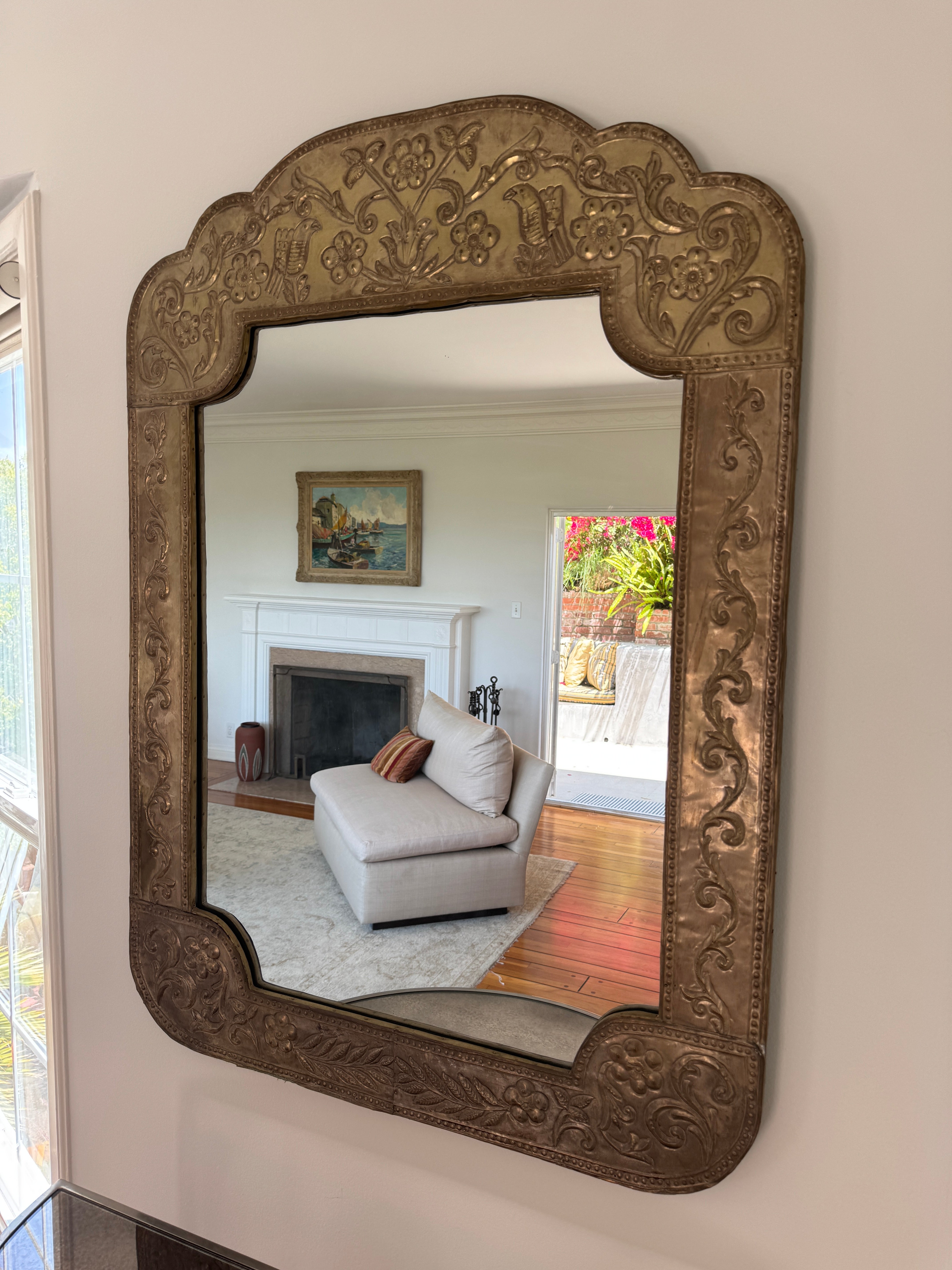 AF7-016: Antique Spanish Colonial Silvered Repousse Brass Mirror Frame With Mirror Early 20th Century