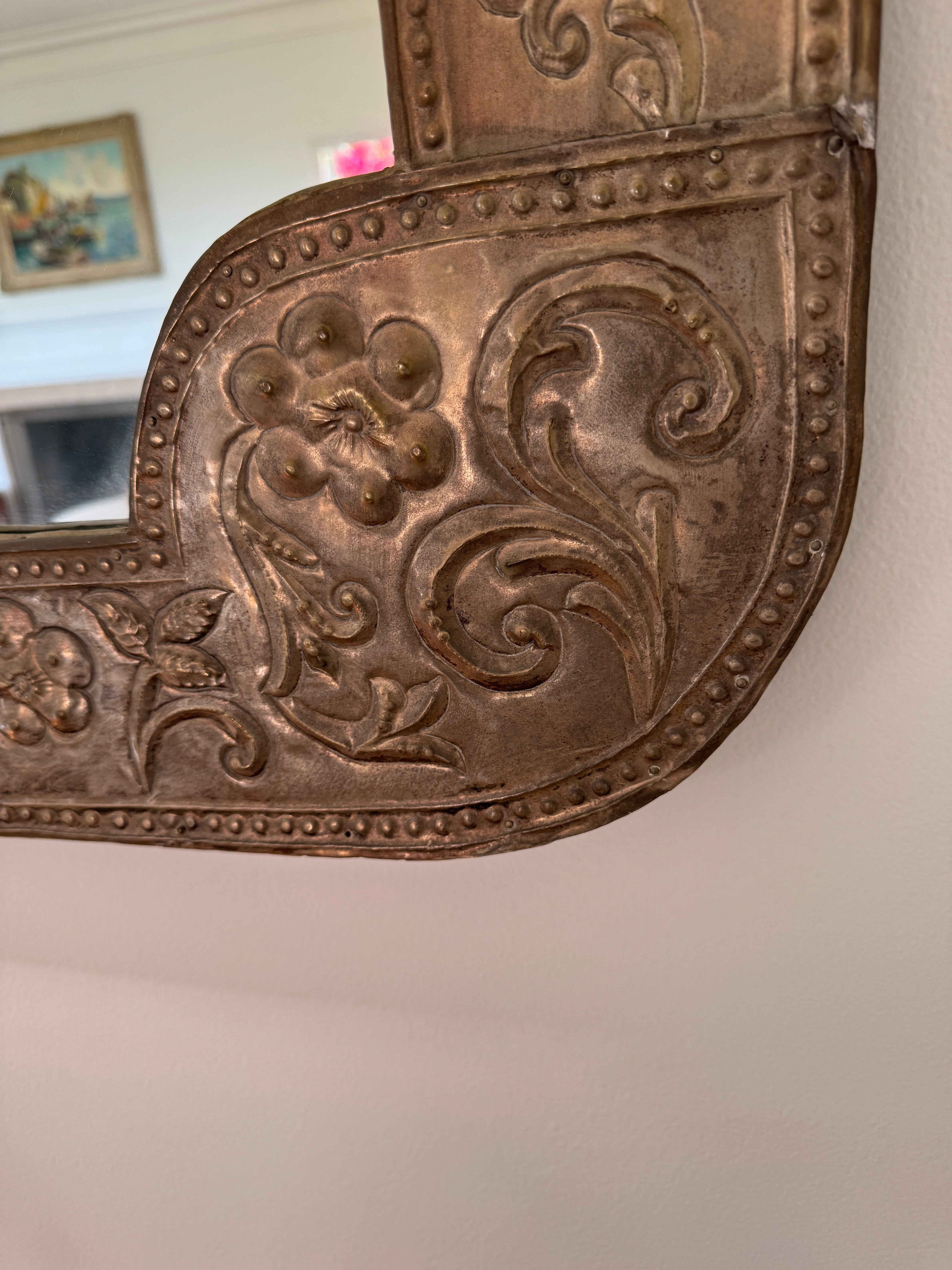 AF7-016: Antique Spanish Colonial Silvered Repousse Brass Mirror Frame With Mirror Early 20th Century