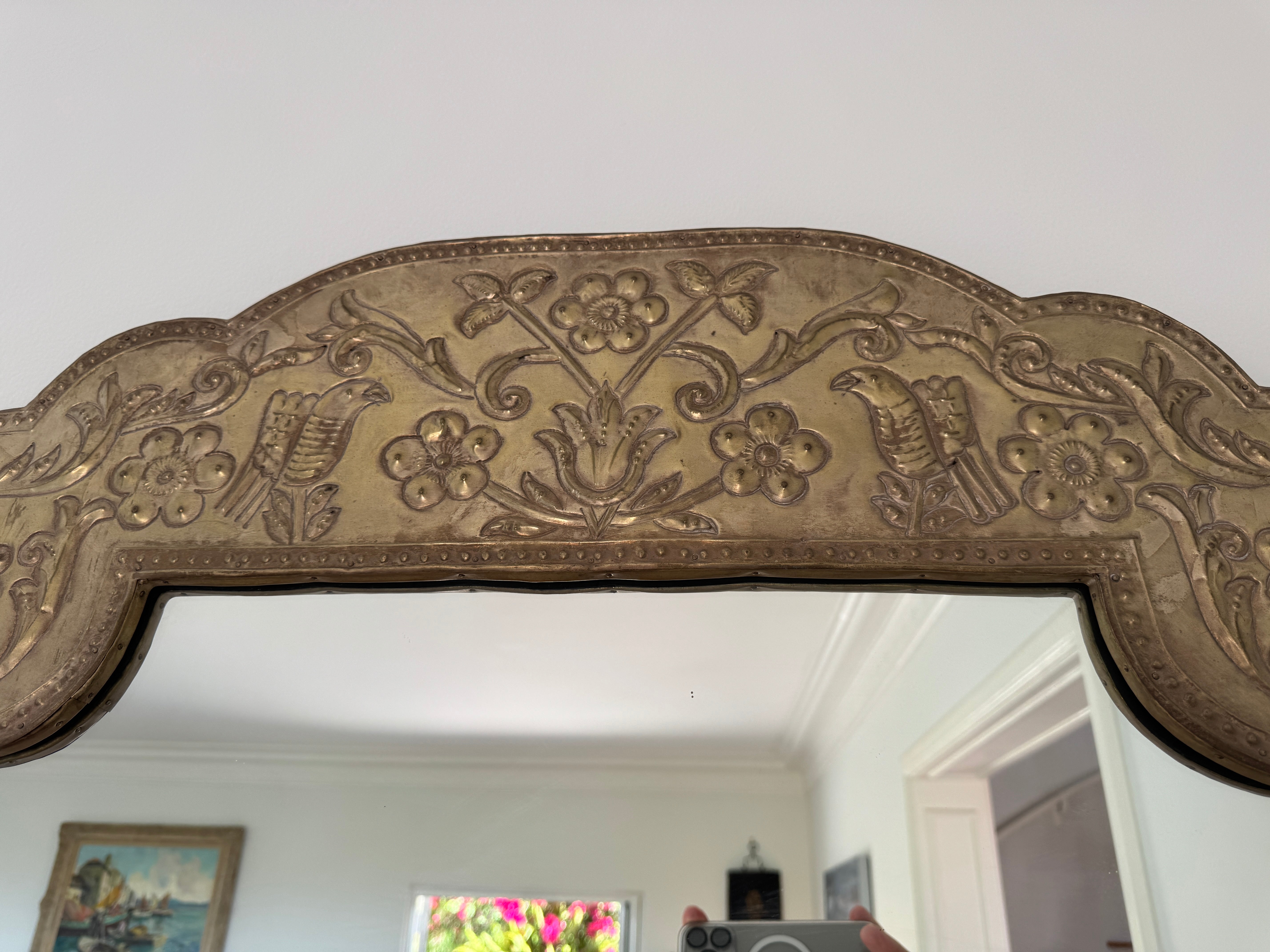 AF7-016: Antique Spanish Colonial Silvered Repousse Brass Mirror Frame With Mirror Early 20th Century