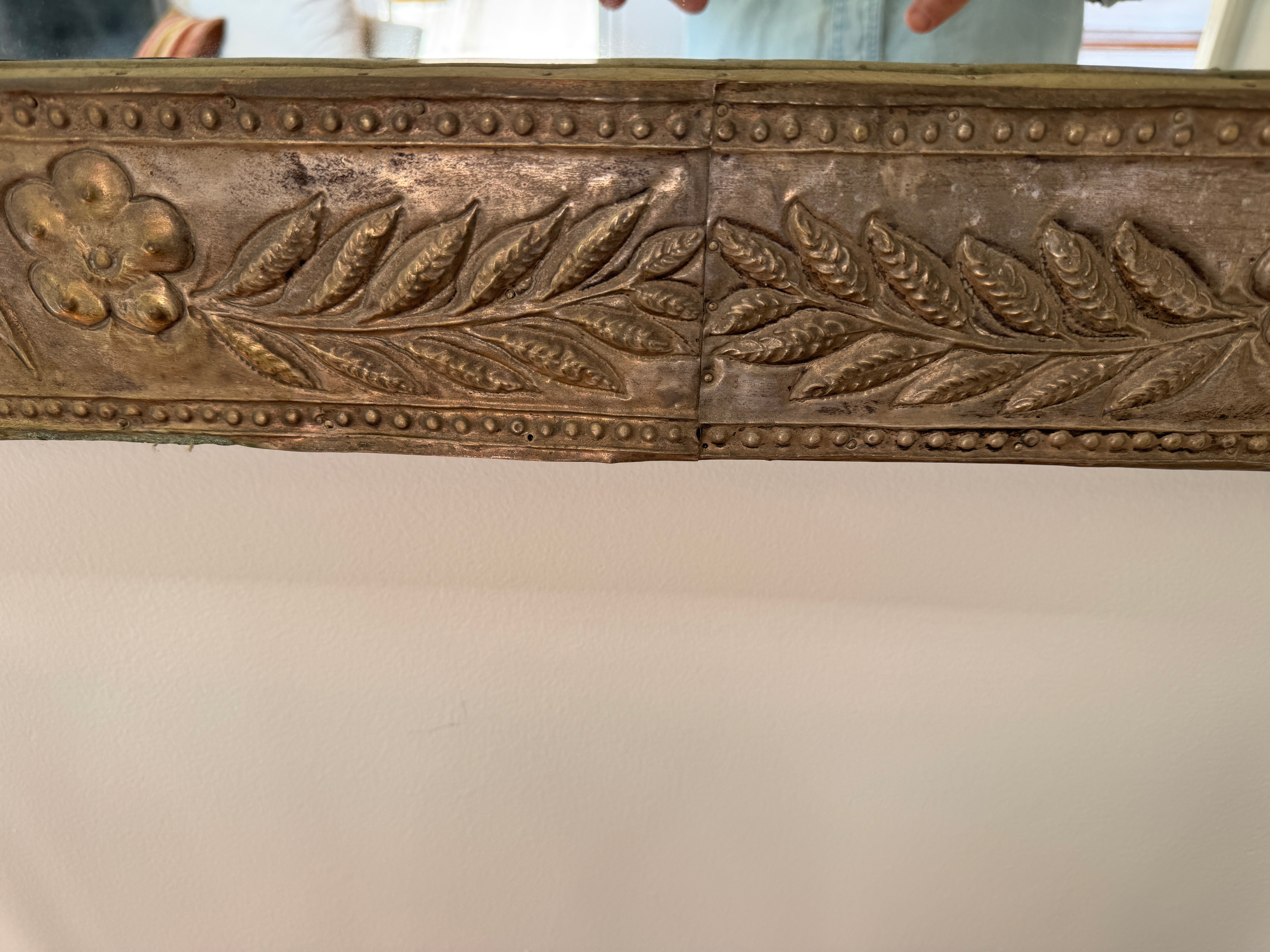 AF7-016: Antique Spanish Colonial Silvered Repousse Brass Mirror Frame With Mirror Early 20th Century