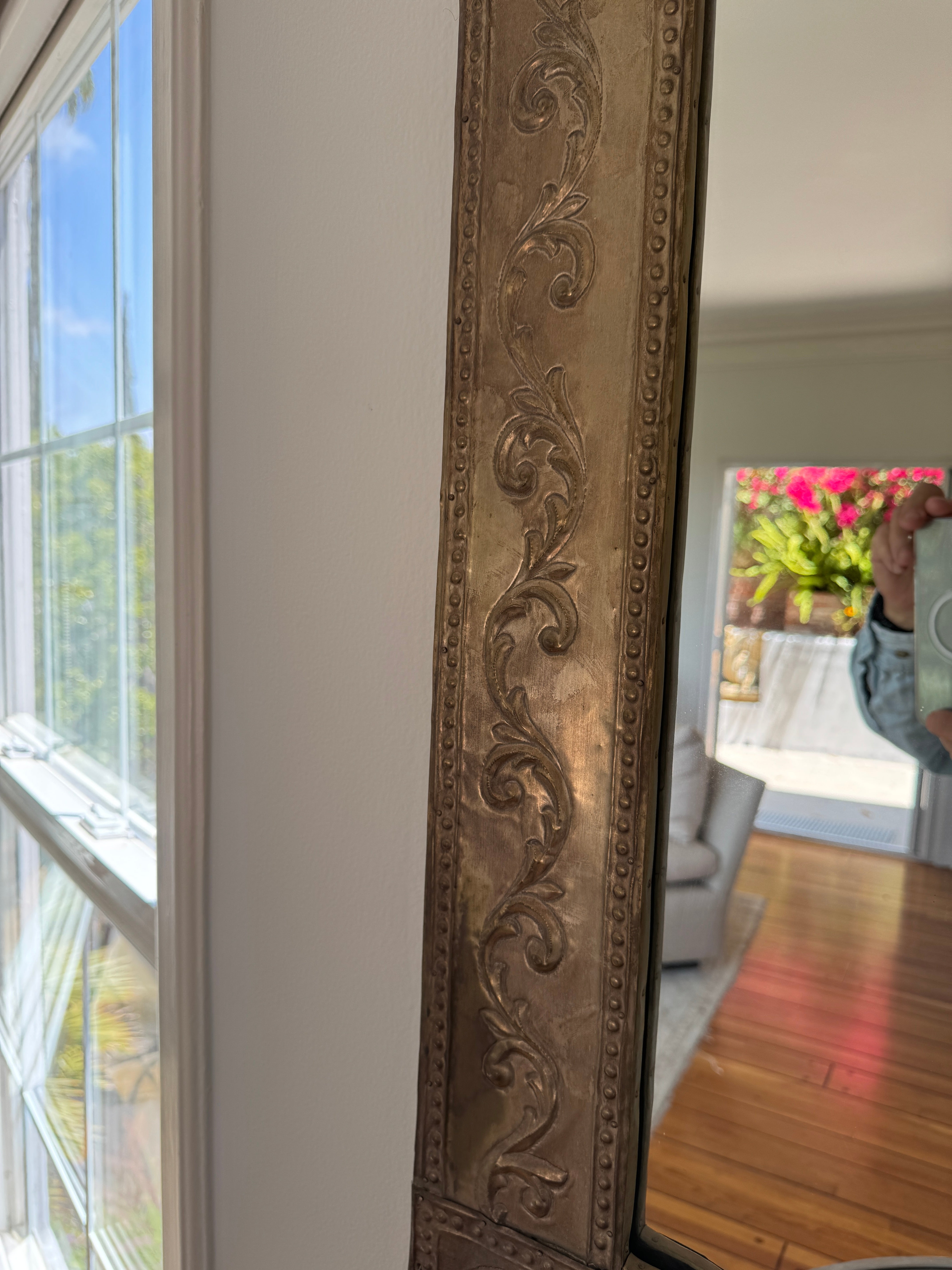 AF7-016: Antique Spanish Colonial Silvered Repousse Brass Mirror Frame With Mirror Early 20th Century