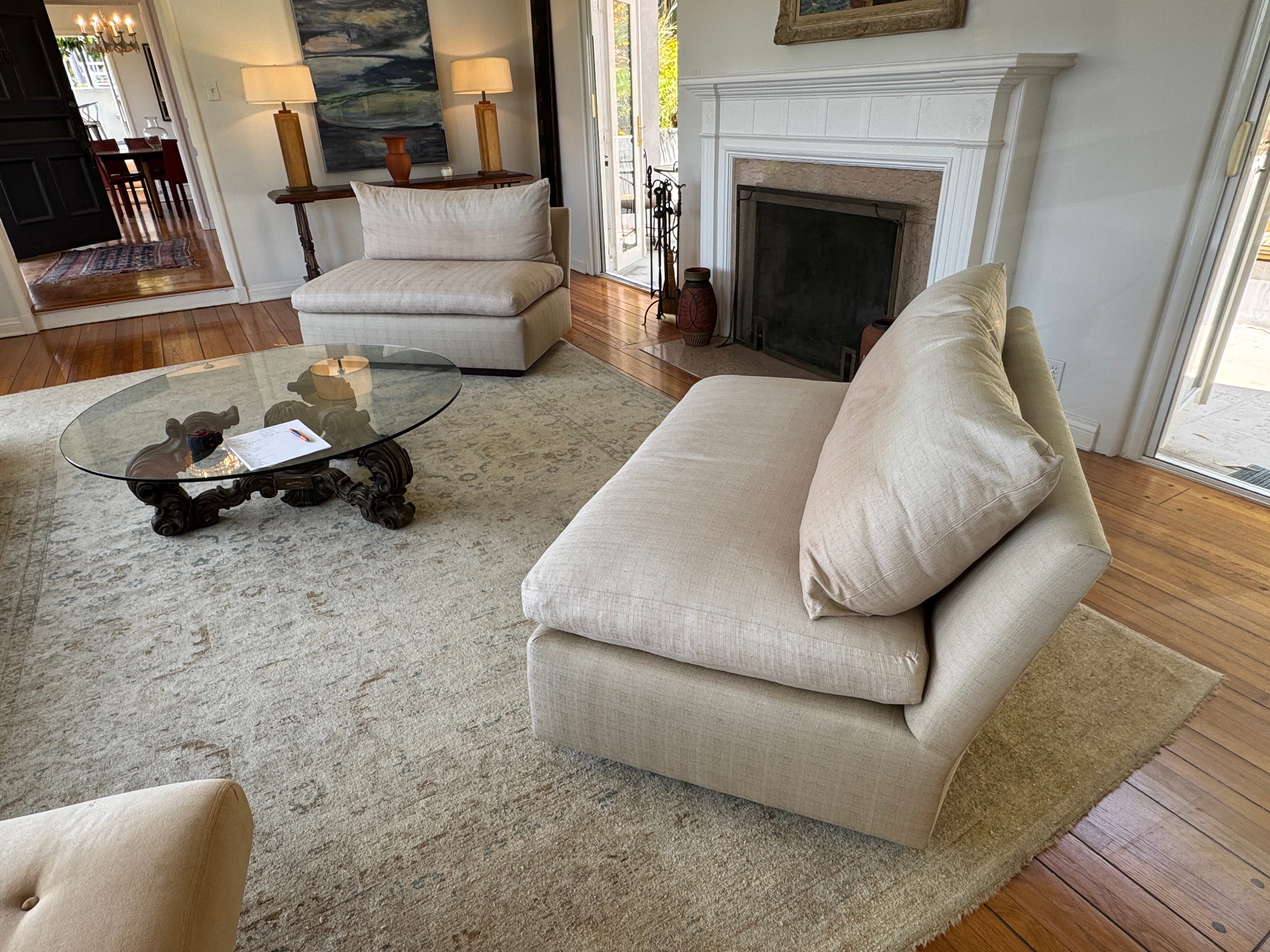 AF2-072: Pair Armless Loveseats Down Cushions Circa 1970's