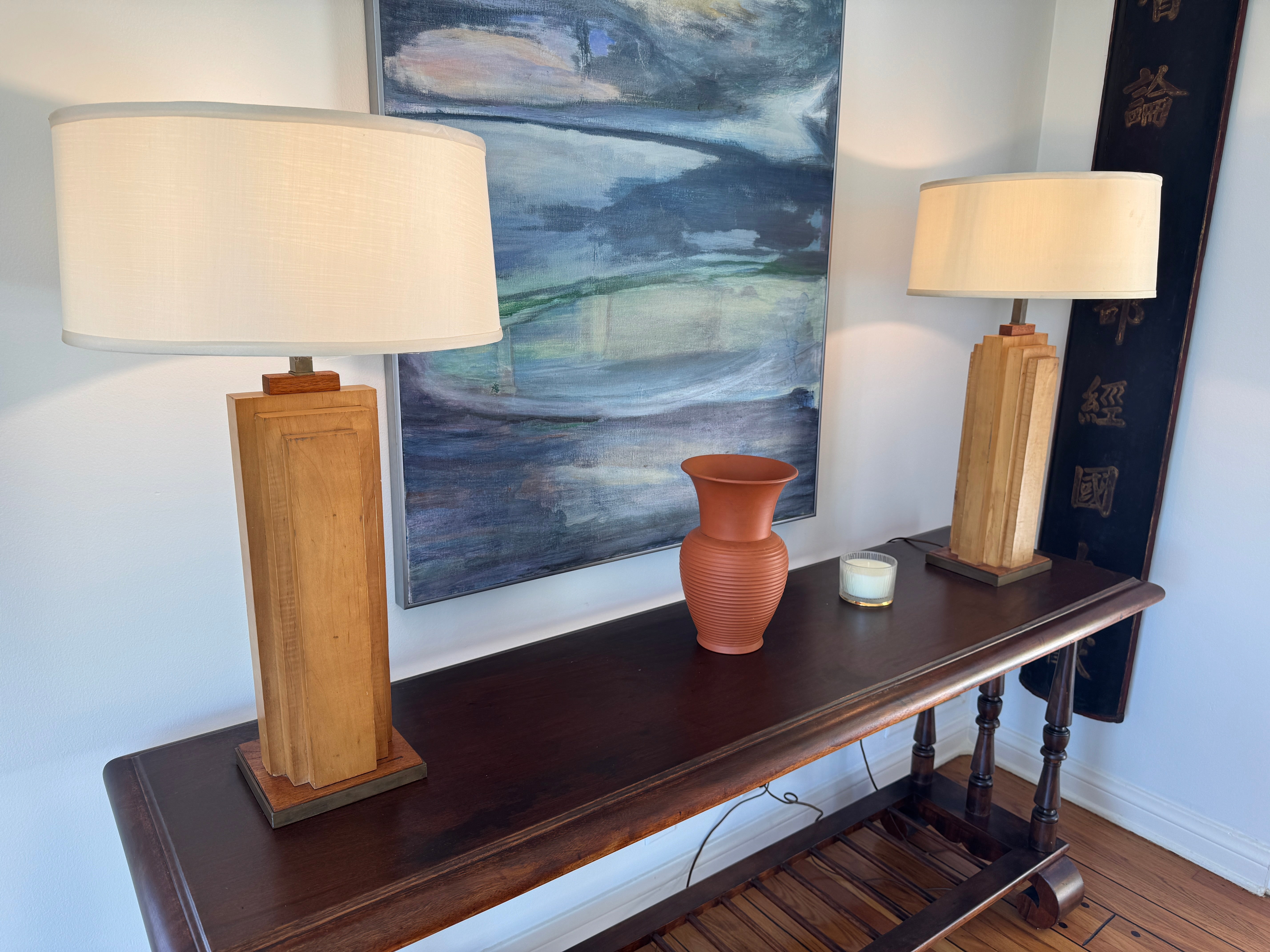 AL2-039: Antique Mid Century Modern Wood Skyscraper Art Deco Pair Table Lamps Circa 1940's