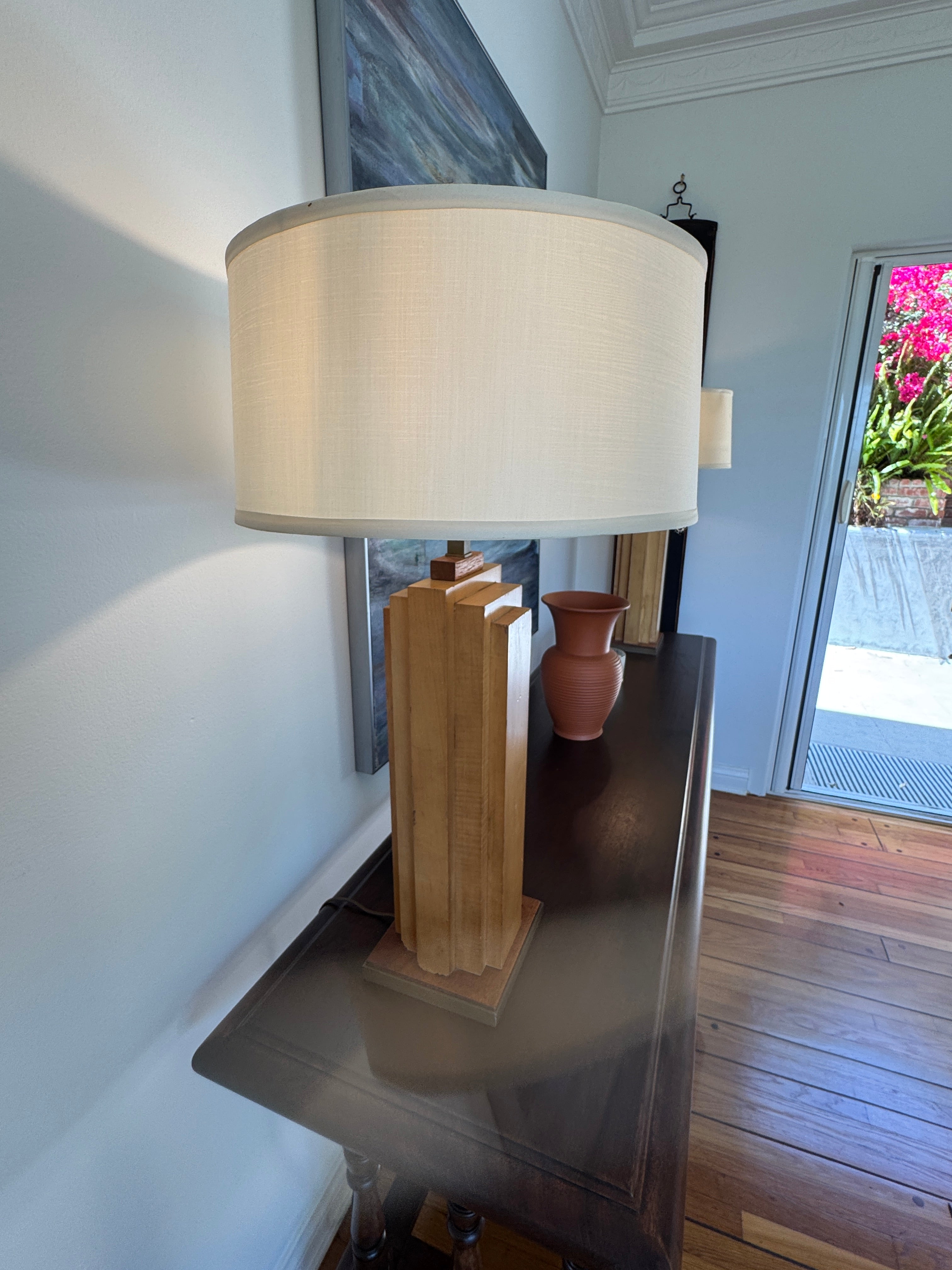 AL2-039: Antique Mid Century Modern Wood Skyscraper Art Deco Pair Table Lamps Circa 1940's