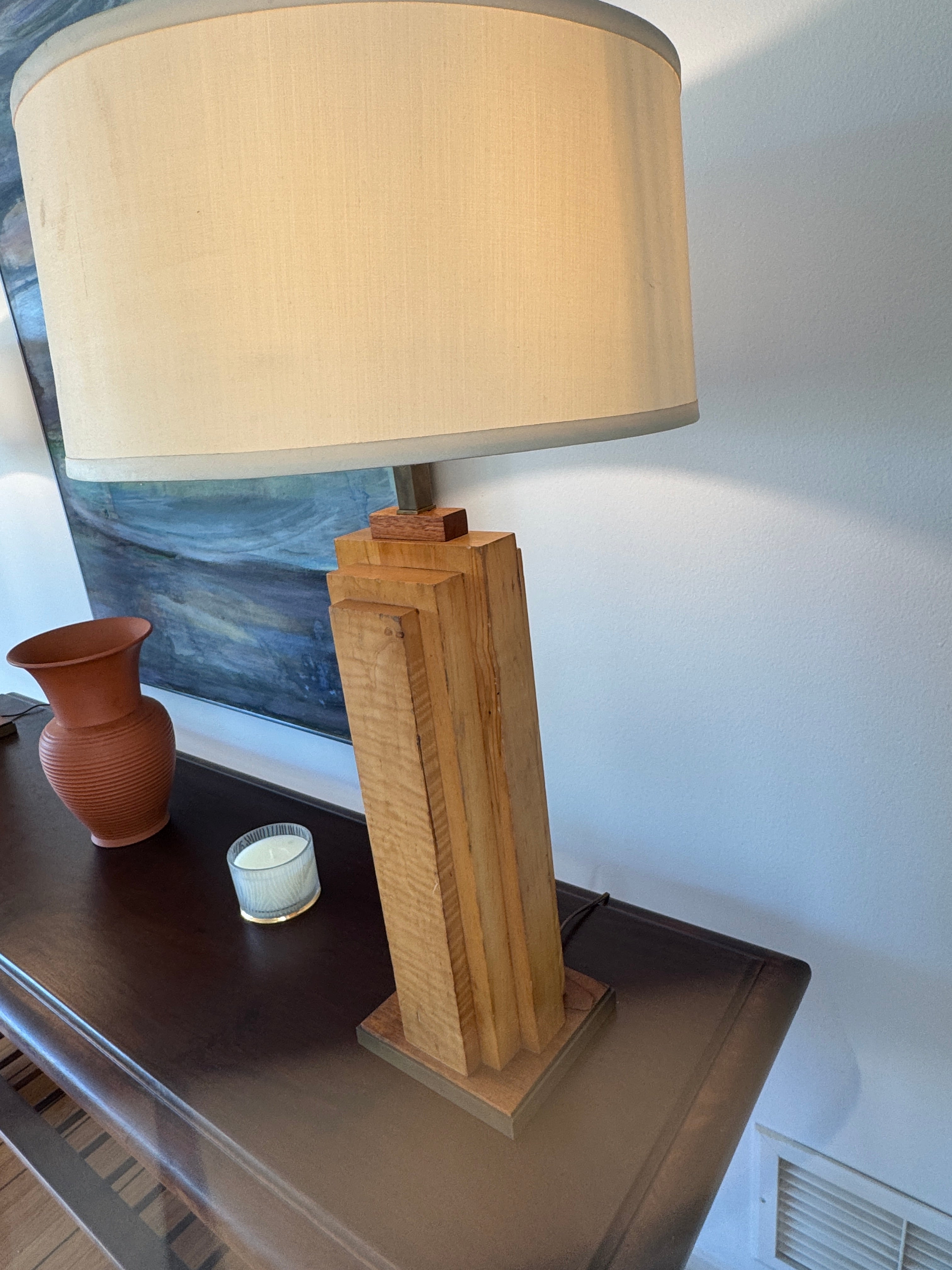 AL2-039: Antique Mid Century Modern Wood Skyscraper Art Deco Pair Table Lamps Circa 1940's