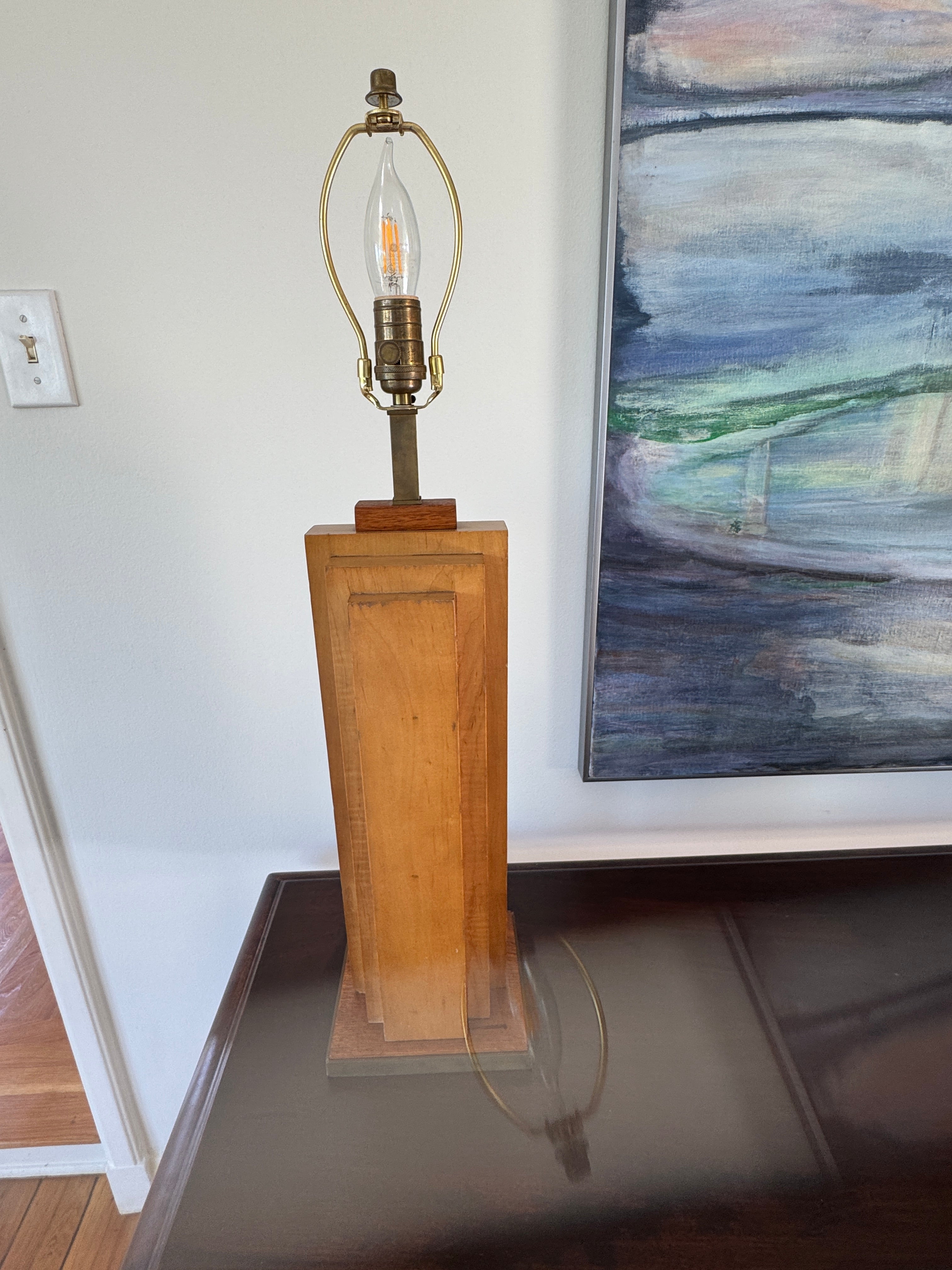 AL2-039: Antique Mid Century Modern Wood Skyscraper Art Deco Pair Table Lamps Circa 1940's