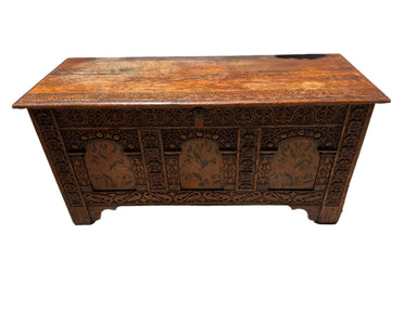 Antique Carved Jacobean Style Oak Blanket Chest With Marquetry Design Late 19th Century | Work of Man