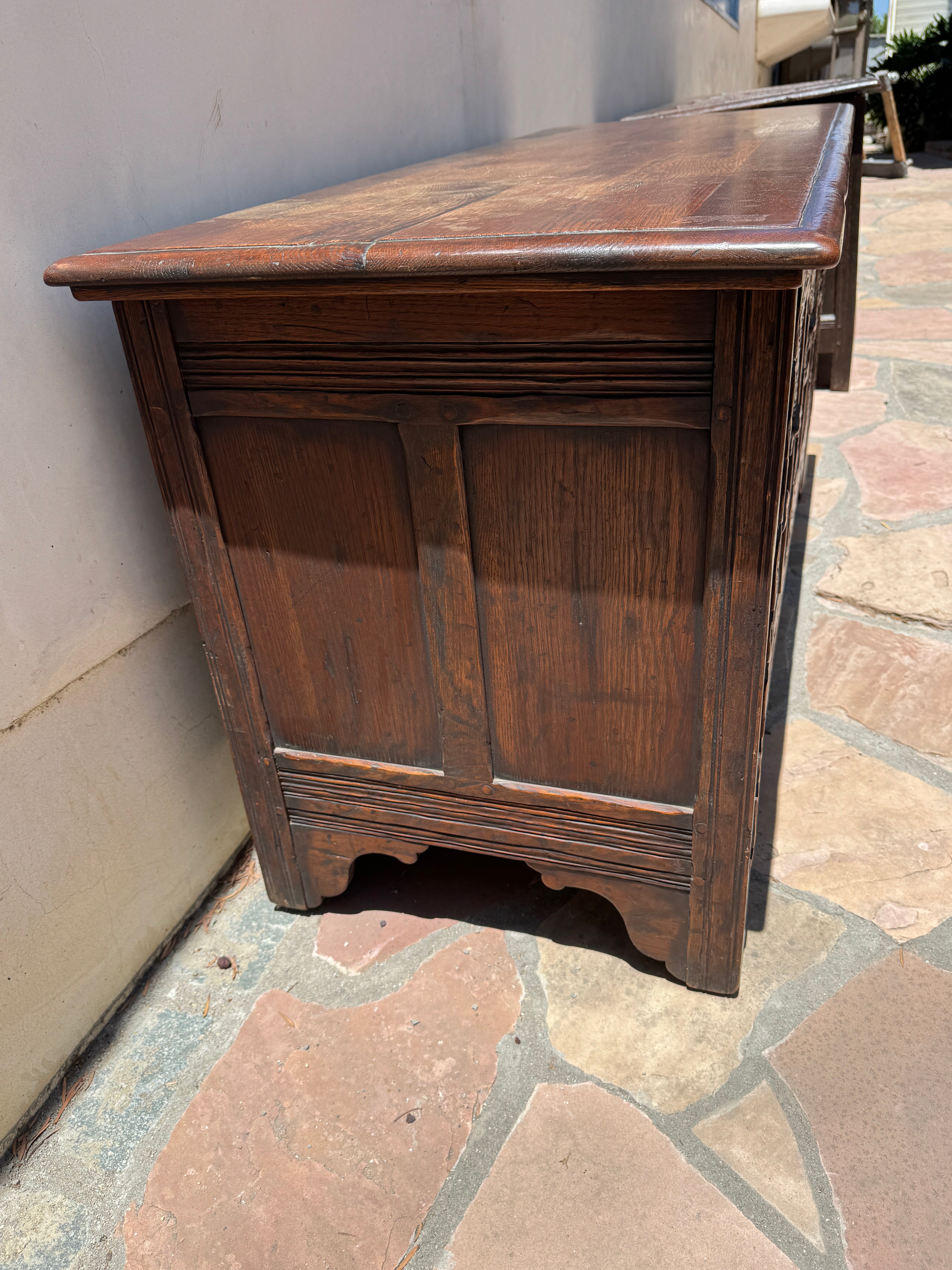 AF4-043: Antique Carved Oak Jacobean Style Blanket Chest With Marquetry Design Late 19th Century